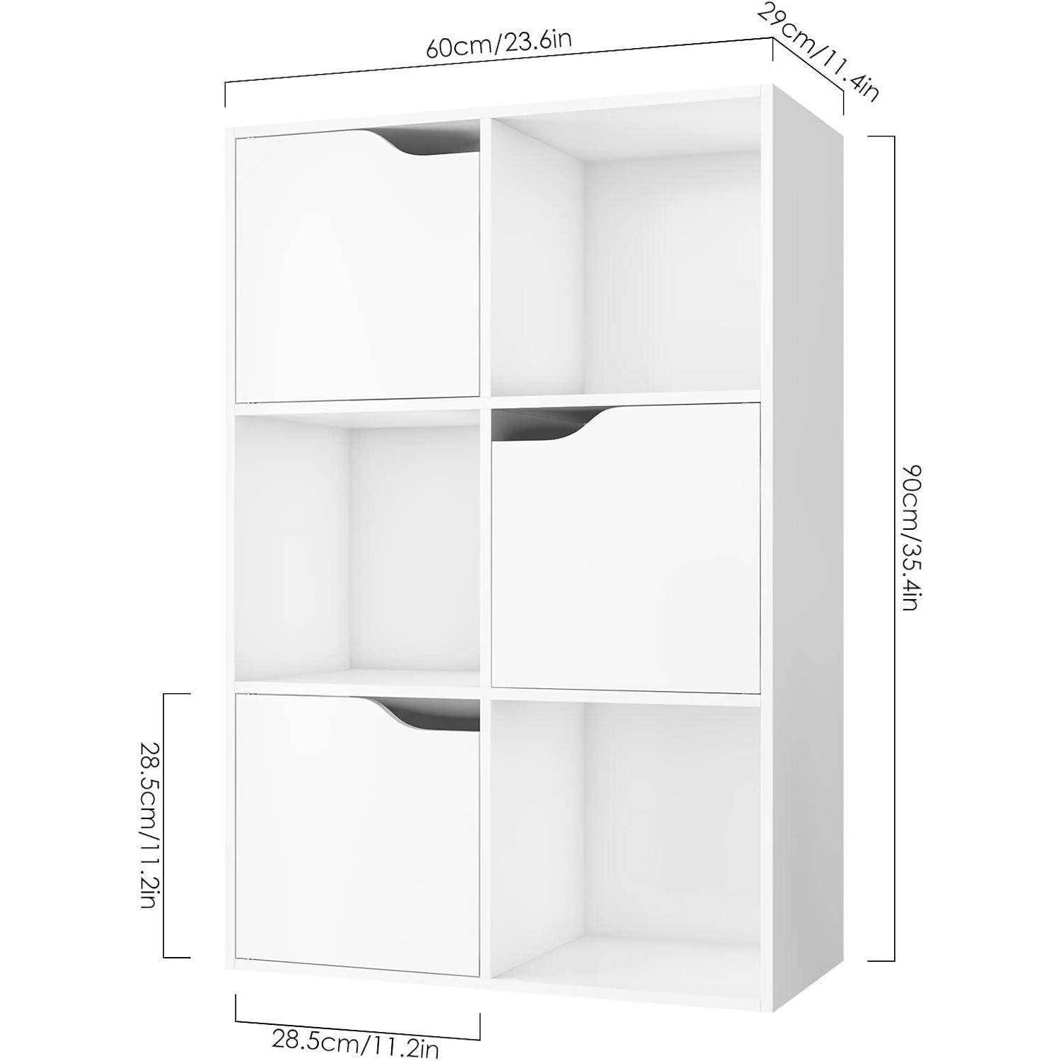 Weißes Würfelregal mit sechs Fächern und drei ausziehbaren Schubladen, mit den Abmessungen 60 cm breit, 29 cm tief und 90 cm hoch.
