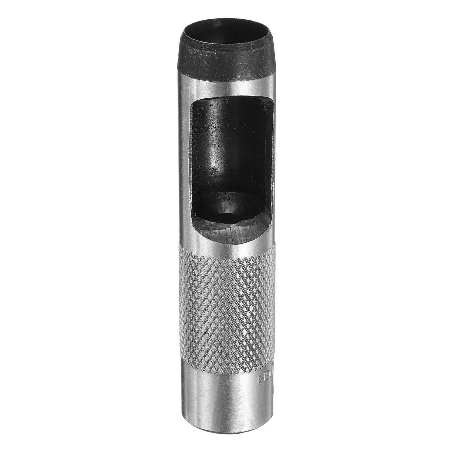 Silbermetallrohr mit Seitenfenster und gerilltem Griff, das einem kleinen mechanischen Werkzeug oder Schneidkomponentenbestandteil auf weißem Hintergrund ähnelt.