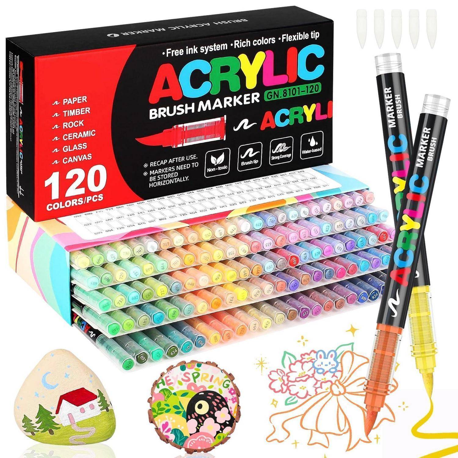 Ein 120er-Set aus Acryl-Pinselmarkern in einer Box, mit mehreren farbigen Markern und Beispielzeichnungen, die die Verwendung auf Papier, Holz, Stein, Keramik, Glas und Leinwand demonstrieren.