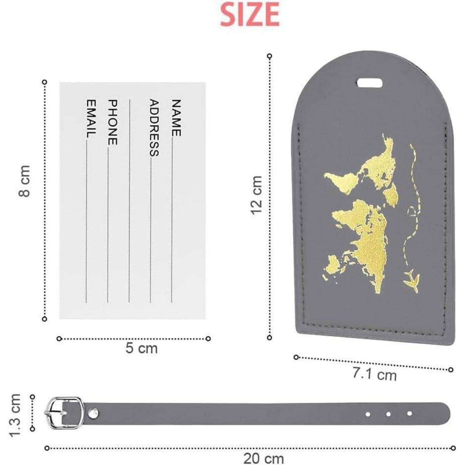 Größentabelle für ein Gepäckanhänger: Karteneinsatz 8 cm mal 5 cm, Anhänger 12 cm mal 7,1 cm und Riemen 20 cm mal 1,3 cm.