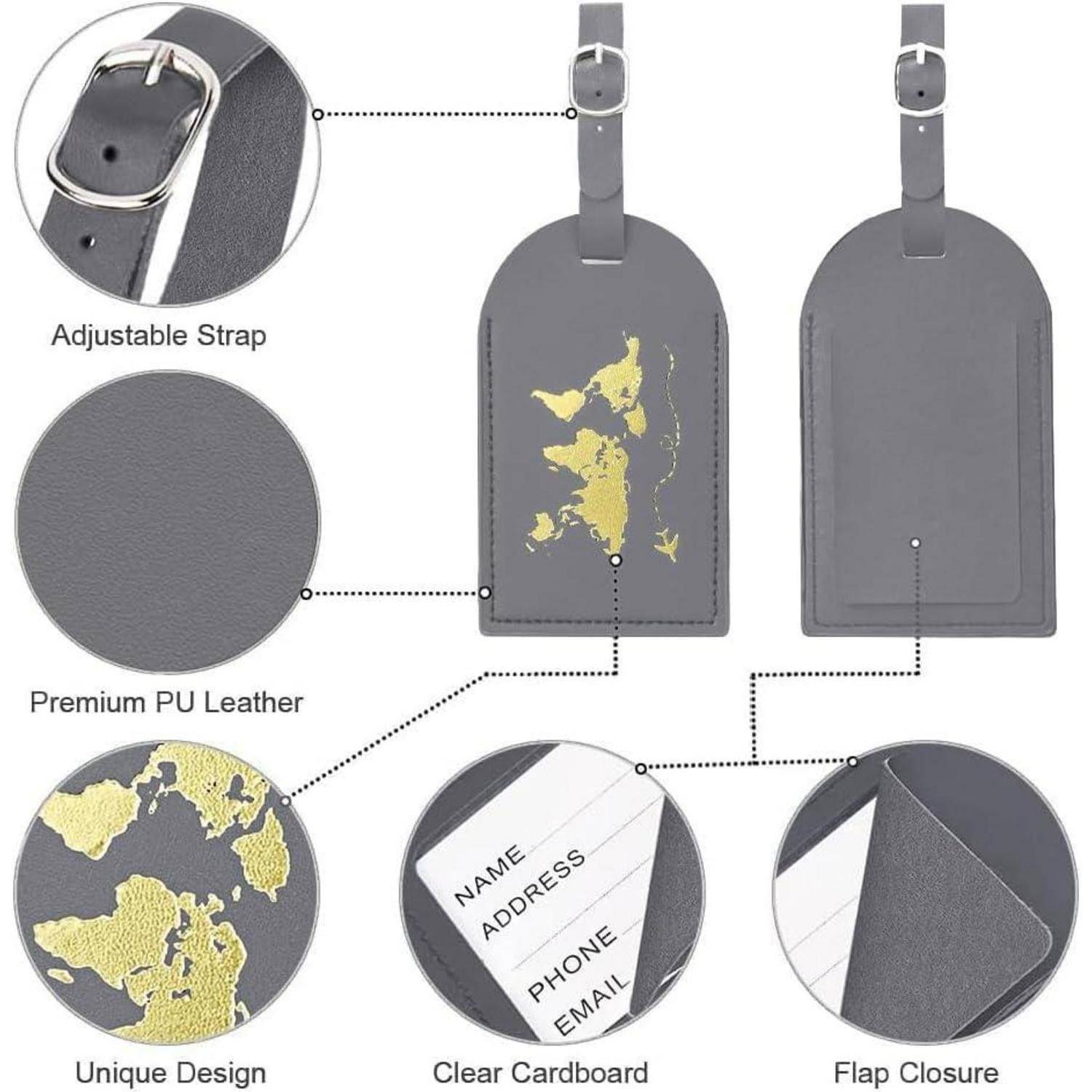 Grauer Gepäckanhänger mit verstellbarem Riemen, Klapperungsverschluss und Einsatzkarte; gezeigt als Premium-PU-Leder mit goldenem Weltkarten-Design.