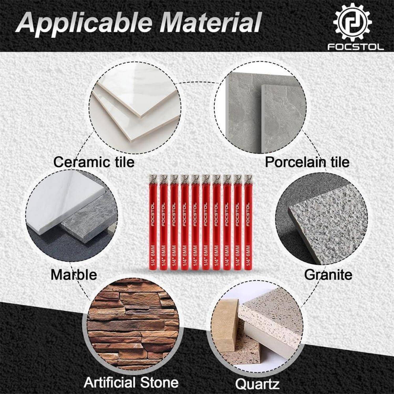 Infografik mit dem Titel "Anwendbares Material"" zeigt einen Bohrersatz zur Verwendung auf Keramikfliesen, Porzellanfliesen, Marmor, Granit, Kunststein und Quarz.