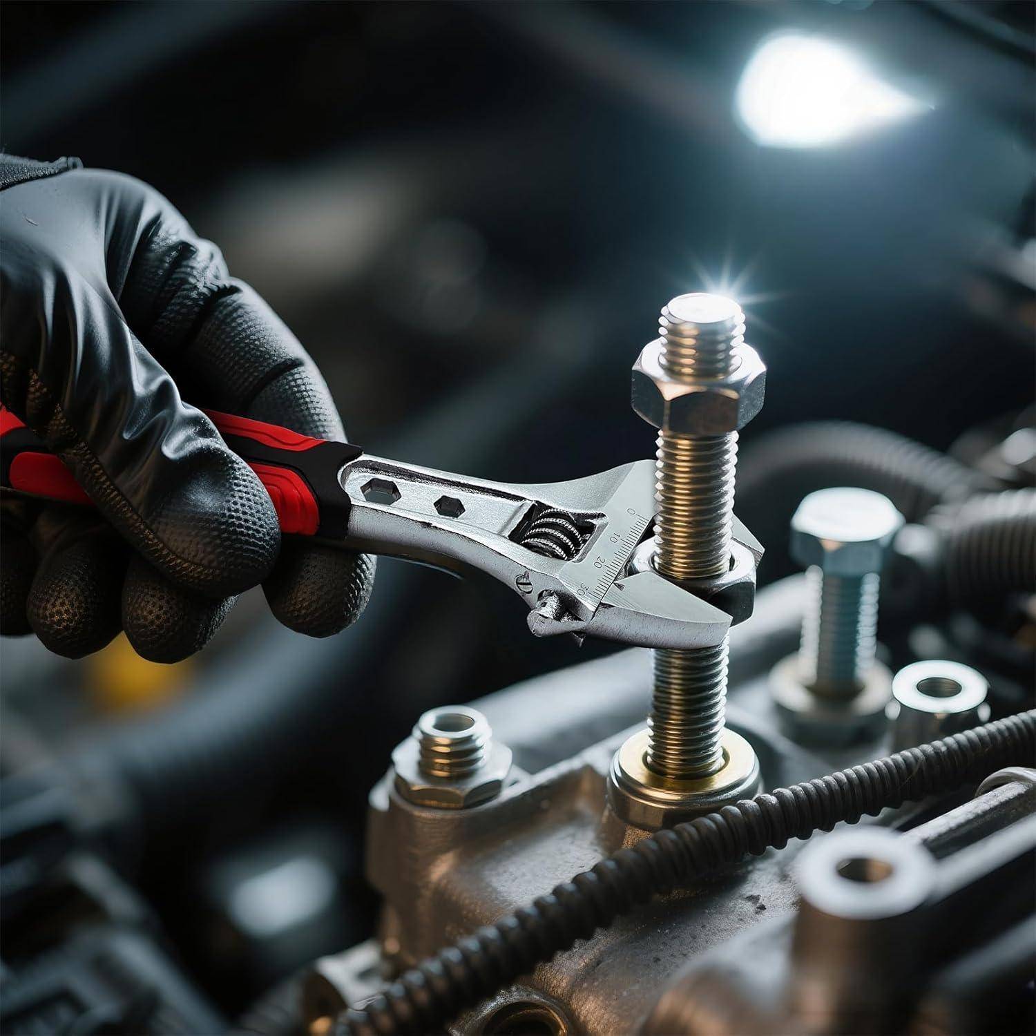 Behandschuhte Hand, die einen verstellbaren Schraubenschlüssel verwendet, um eine Mutter auf einem Gewinde eines Bolzens in einer Motor- oder Maschinenbaugruppe festzuziehen.