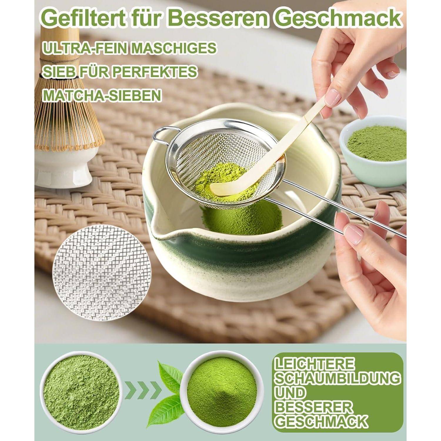 Werbung für ein feines Matcha-Sieb, das zeigt, wie Matcha-Pulver in eine Schüssel gesiebt wird, um einen glattereren und besserschmeckenden Tee zu erhalten.