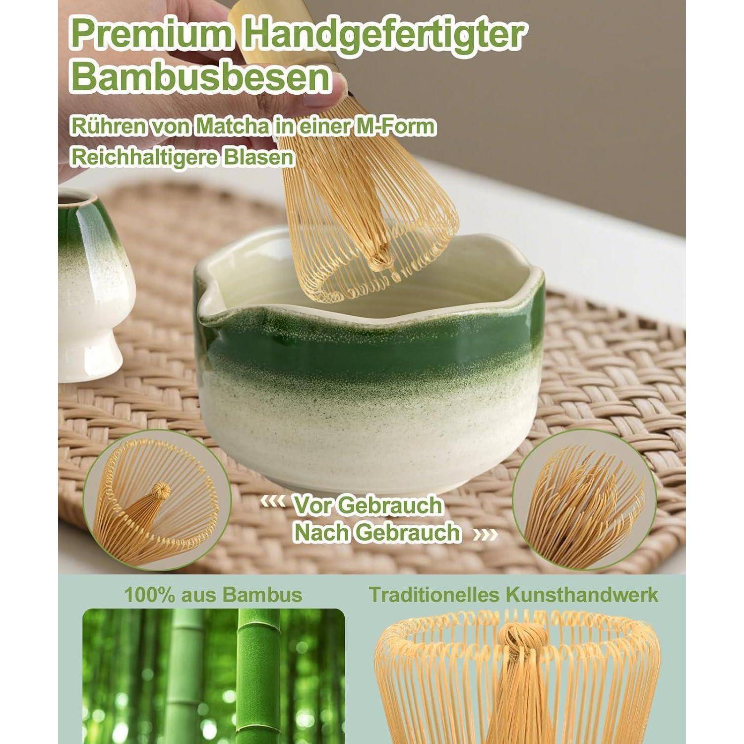JBER Matcha Set, Handgefertigter Matcha Besen Set 7 Teiliges für Anfänger | Bambus Besen mit 100 Zinken, Schale mit Auslauf, Besen Halter, Matcha Si
