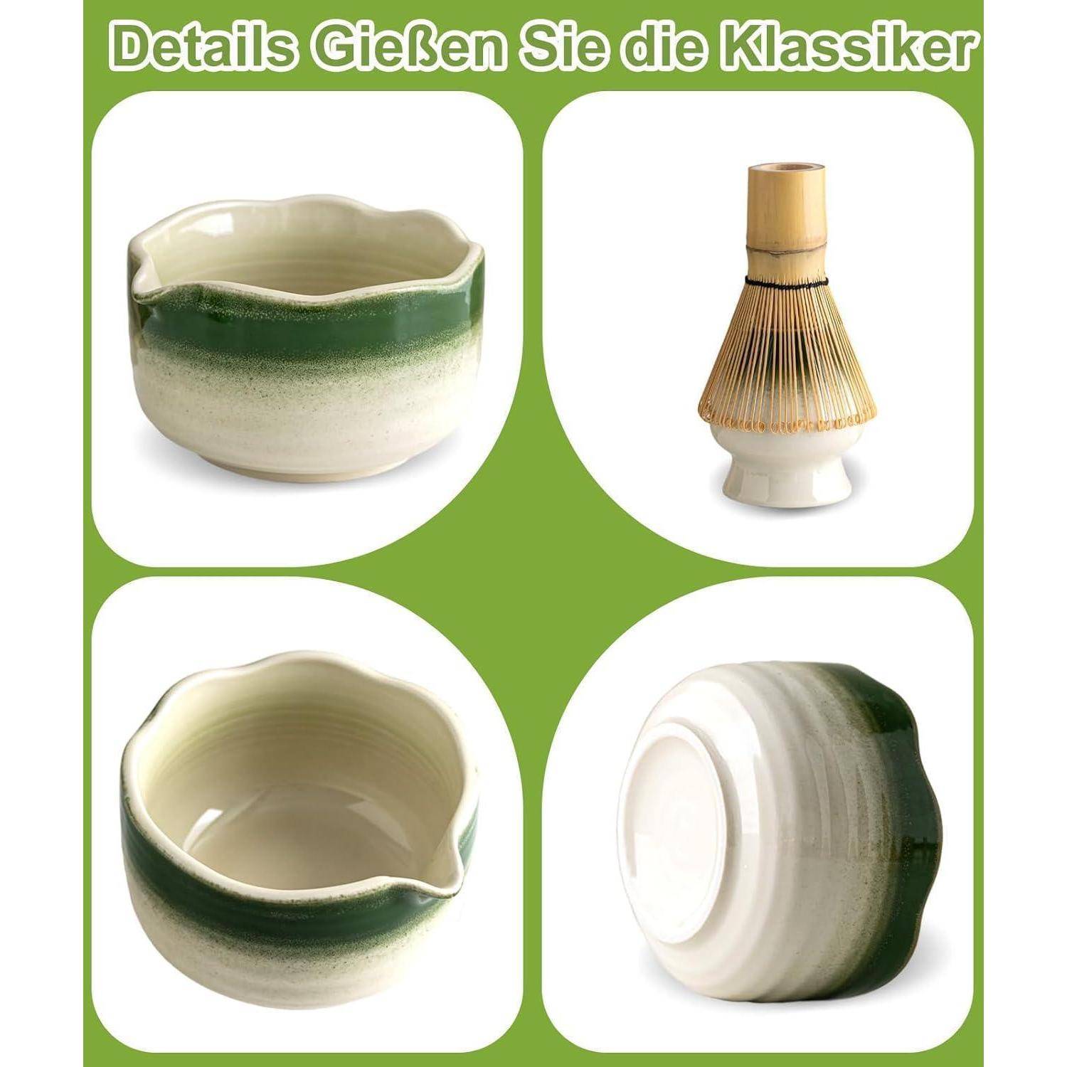 Vier Fotos einer grün-und-creme-farbenen Keramikschale aus verschiedenen Winkeln neben einem Bambus-Matcha-Besen; deutscher Text lautet 