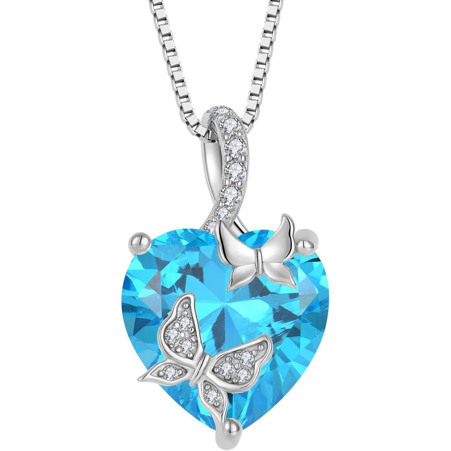 FJ Schmetterling Kette Damen 925 Sterling Silber Herz Geburtsstein Kette Anhänger Schmuck Geschenke für Frauen Mutter Freundin Mama 03 März - Aquam