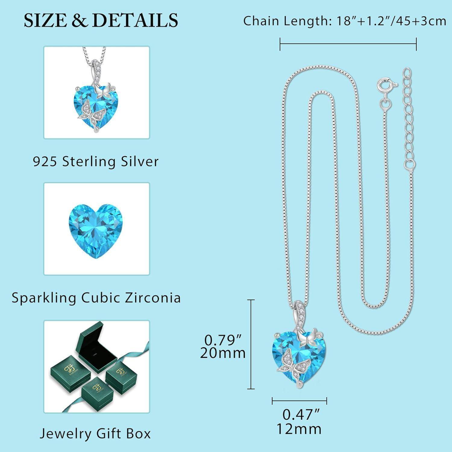 Größe und Details Grafik für eine blaue Herz-Anhänger-Halskette: 925er Sterlingsilber, funkelnde kubische Zirkonia, Geschenkbox enthalten; Kettenlänge 18+1,2 Zoll, Anhänger 20 mm x 12 mm.