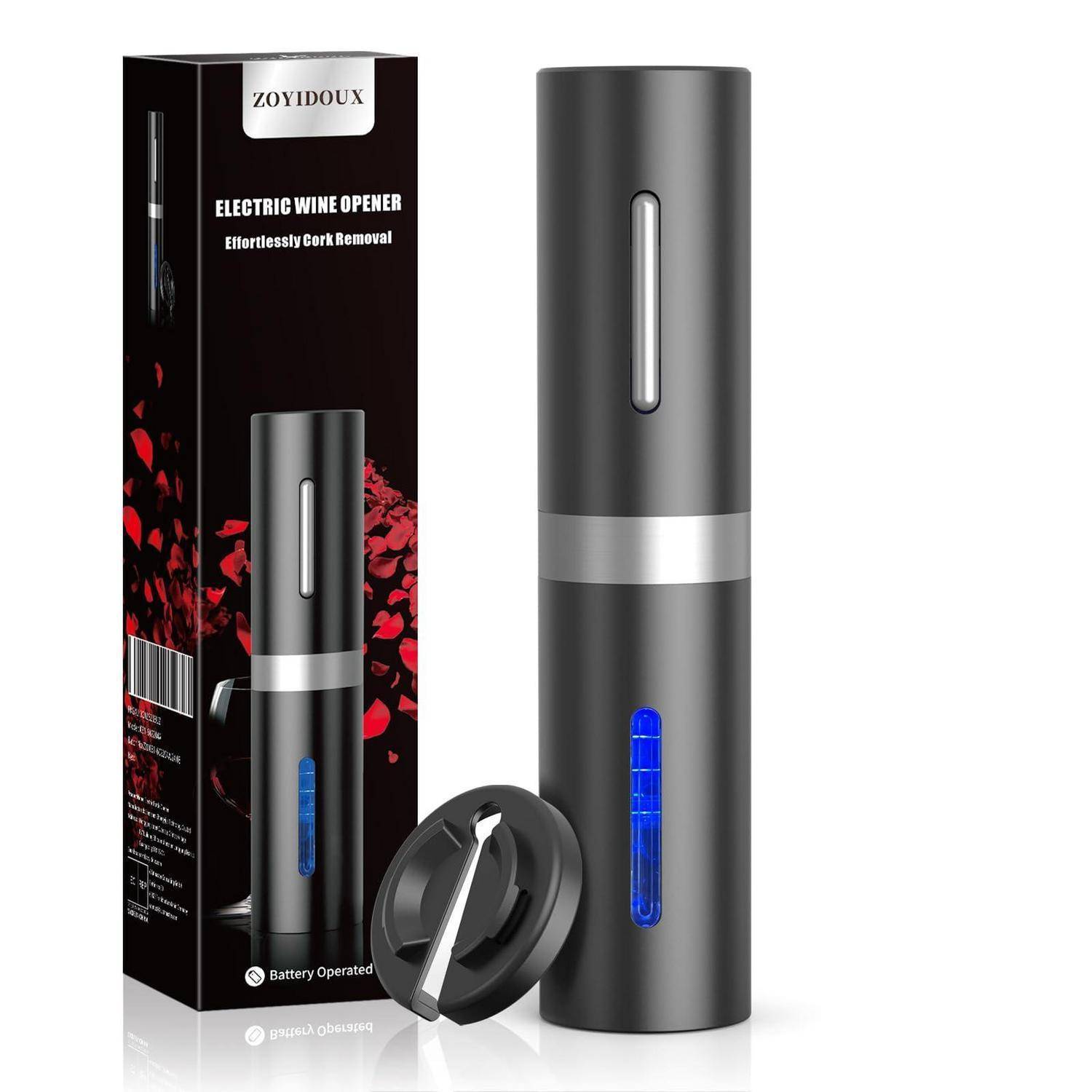 Schwarzer ZOYIDOUX elektrischer Weinöffner mit seiner Originalverpackung und Ladebasis, mit den Aufschriften „Electric Wine Opener