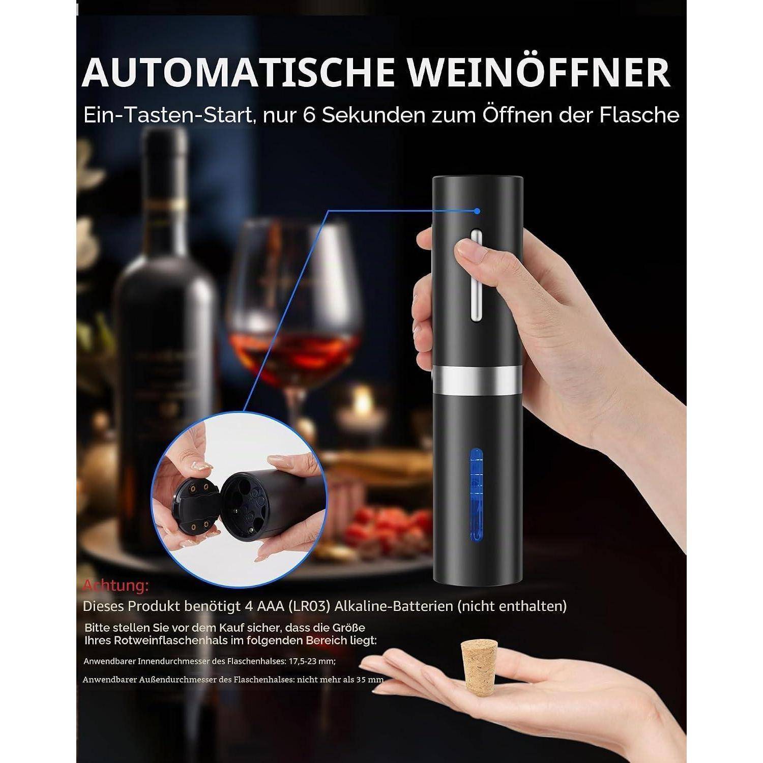 Automatischer Weinöffner; Ein-Knopf-Start öffnet eine Flasche in 6 Sekunden, angetrieben durch 4 AAA-Batterien, nicht enthalten.