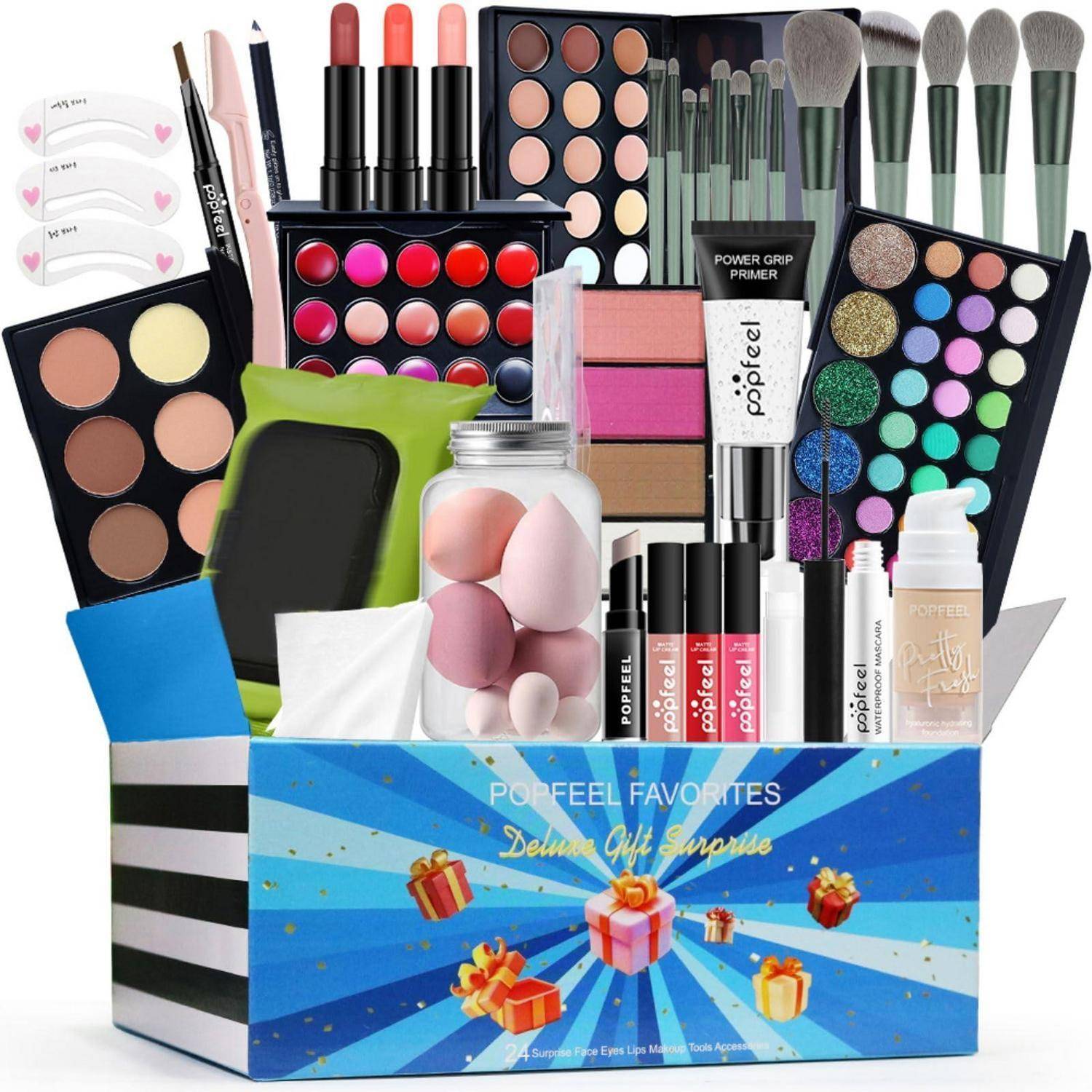 Geschenkbox mit sortiertem Make-up und Beauty-Produkten, einschließlich Lidschattenpaletten, Pinseln, Lippenstiften, Schwämmen, Primer und Hautpflegeprodukten.