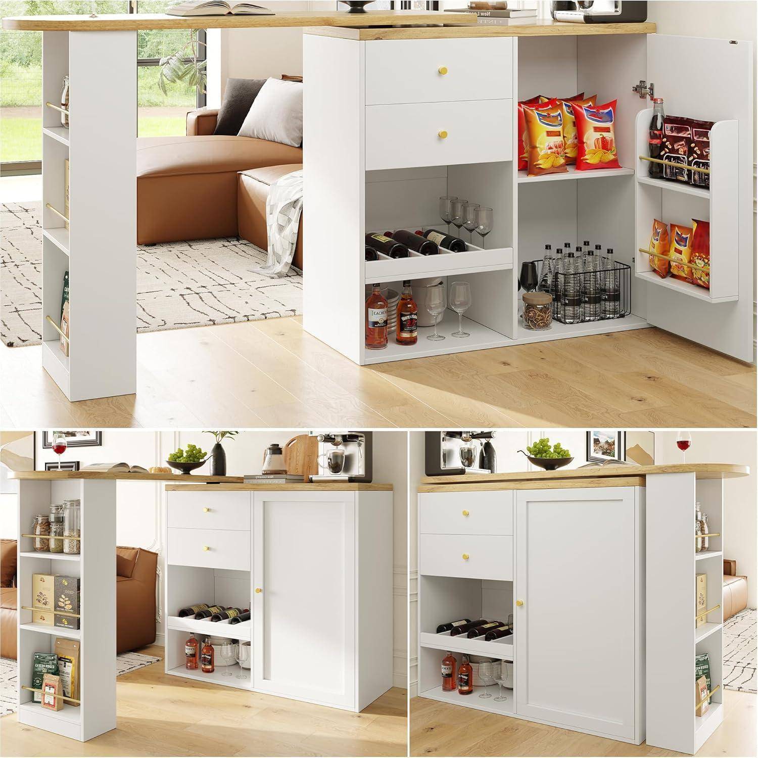 Eingebauter weißer Schrank mit ausziehbarem Tisch/Schreibtisch und offenen Speisekammerschränken zur Aufbewahrung von Wein, Snacks und Gläsern, dargestellt in einem kompakten Wohnraum.