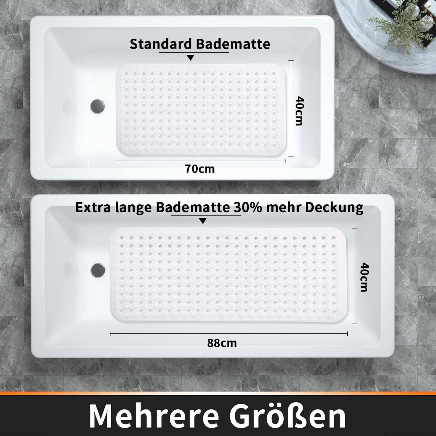 Vergleichsgrafik, die zwei Badematten in einem Waschbecken zeigt: Standard-Matte 70 cm x 40 cm und XXL-Matte 88 cm x 40 cm, beschriftet mit „Mehrere Größen