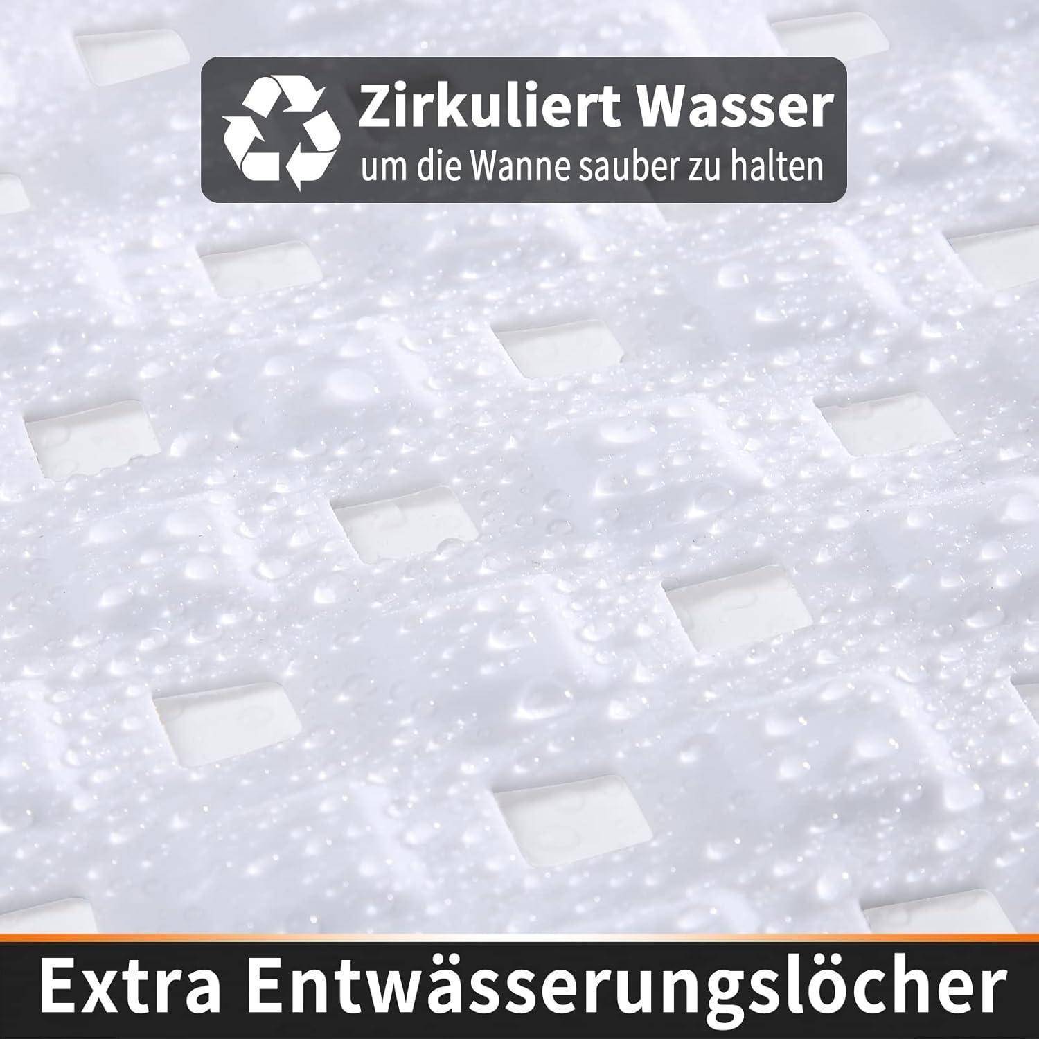 Nahaufnahme einer perforierten Badewannenmatte mit Blasen; deutscher Text besagt „Zirkuliert Wasser, um die Wanne sauber zu halten