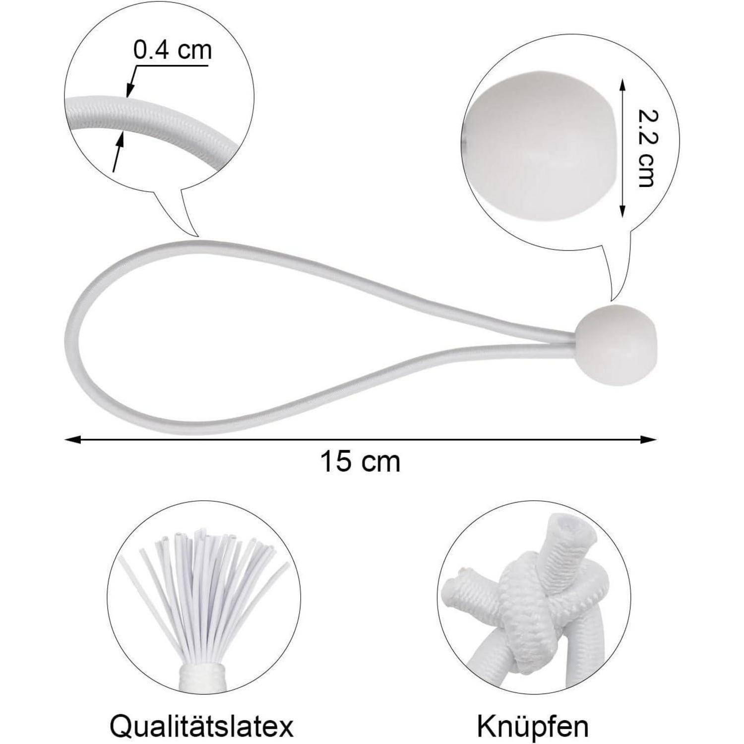Diagramm einer weißen Latexschlaufenbefestigung mit Abmessungen: 15 cm Länge, 0,4 cm dicke Schlaufe, 2,2 cm rundes Ende; Beschriftungen lauten „Qualitätslatex