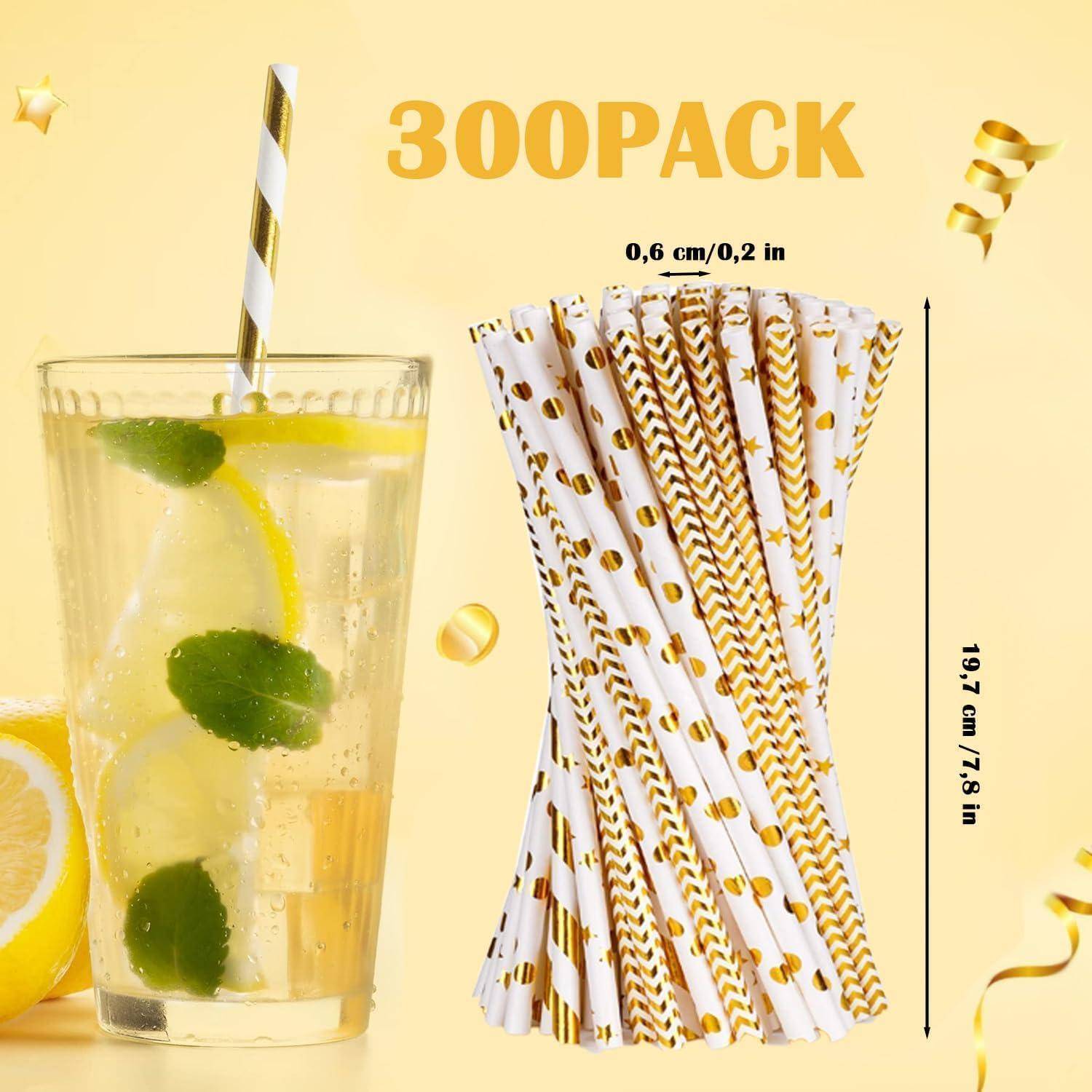 Produktbild mit einer 300er-Packung goldfarbener und weiß gestreifter Papierstrohhalme, 19,7 cm lang und 0,6 cm breit, neben einem Getränk mit einem Strohhalm.