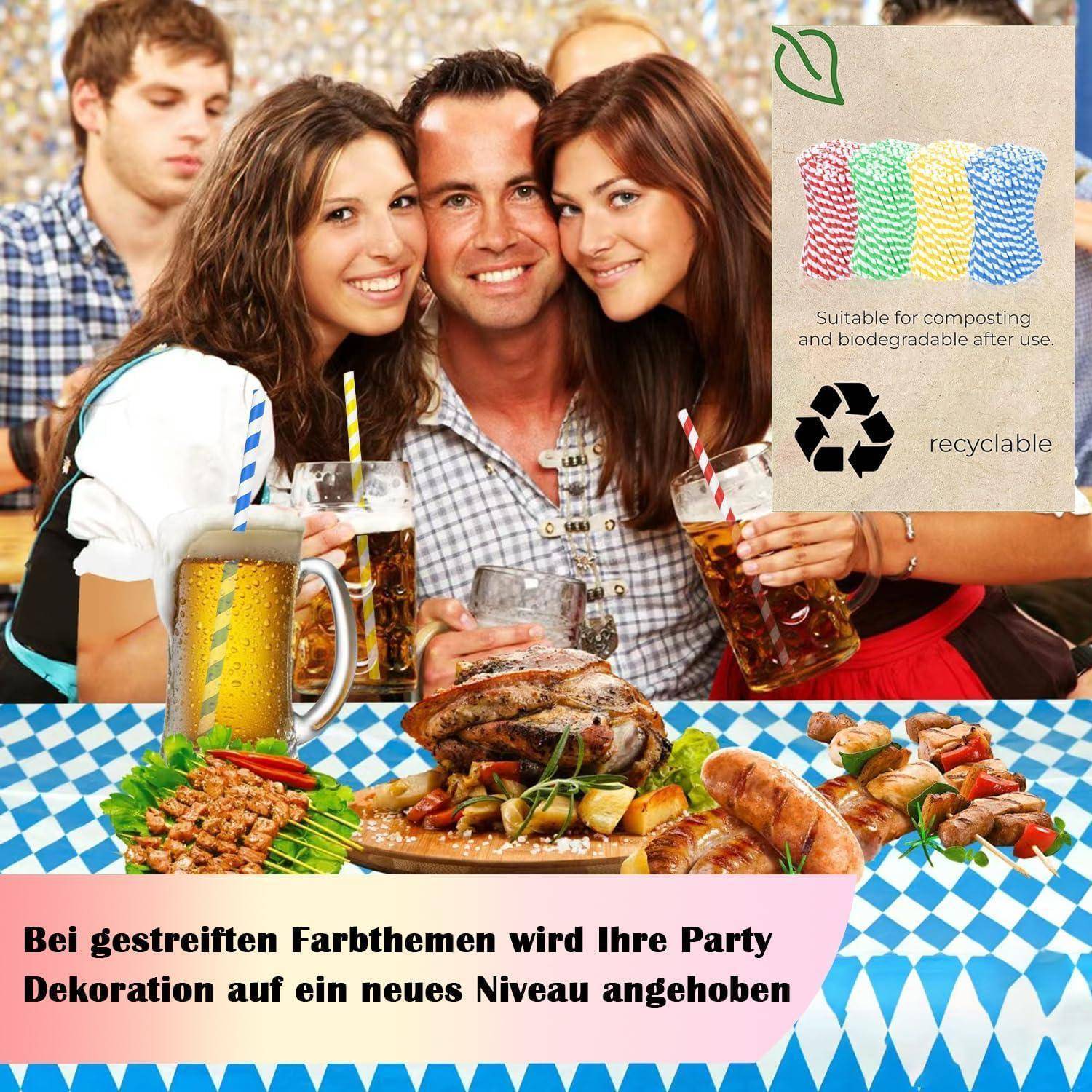 Lachende Freunde auf einer Party mit Getränken und gegrilltem Essen, die gestreiften Thema-Dekoration und biologisch abbaubare, recycelbare Materialien fördern.