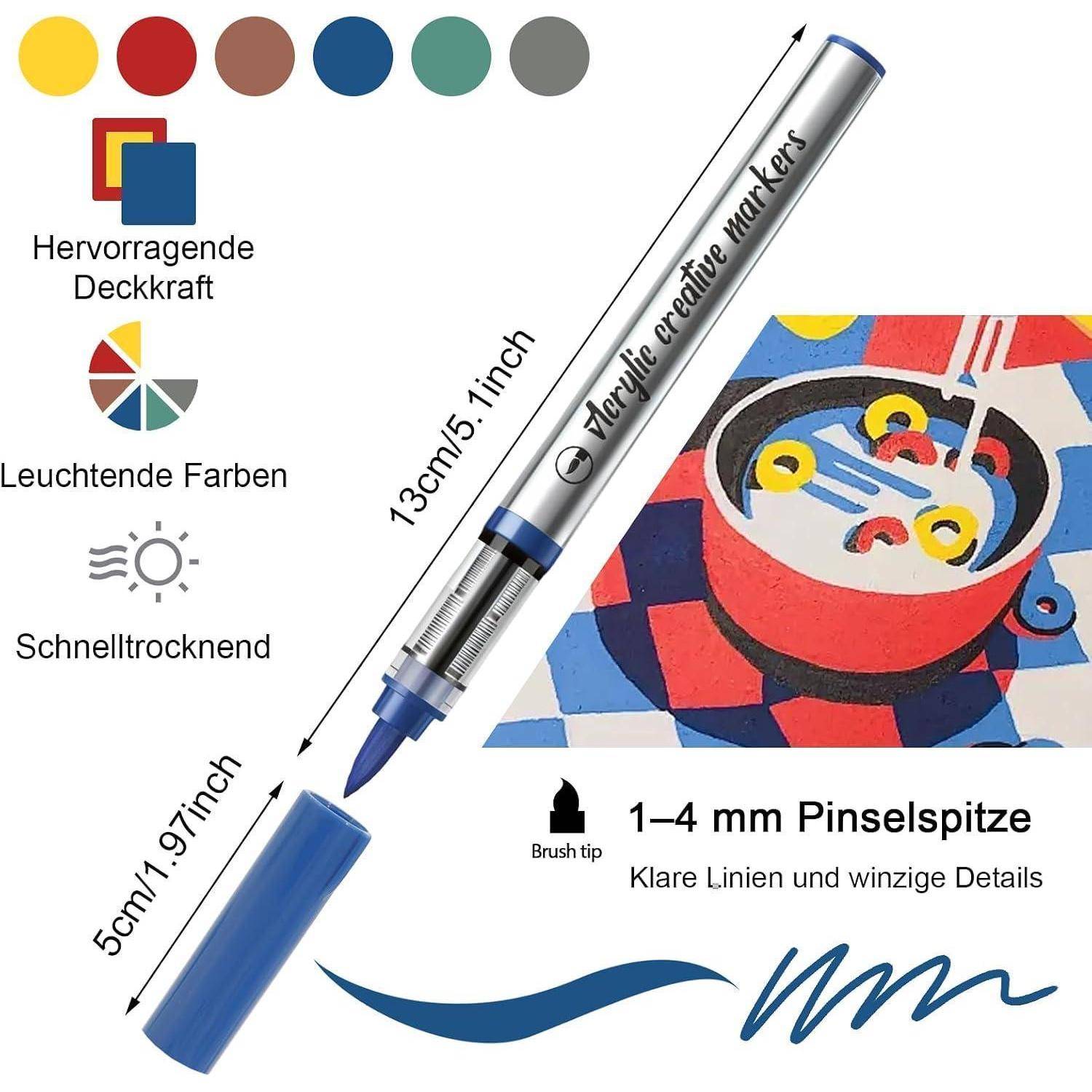Werbebild eines blauen Lackmarkers mit Kappe, das eine 1–4 mm breite Pinselspitze, 23 cm Länge, schnelltrocknend, lebendige Farben und deckende Farbgebung für feine Details zeigt.