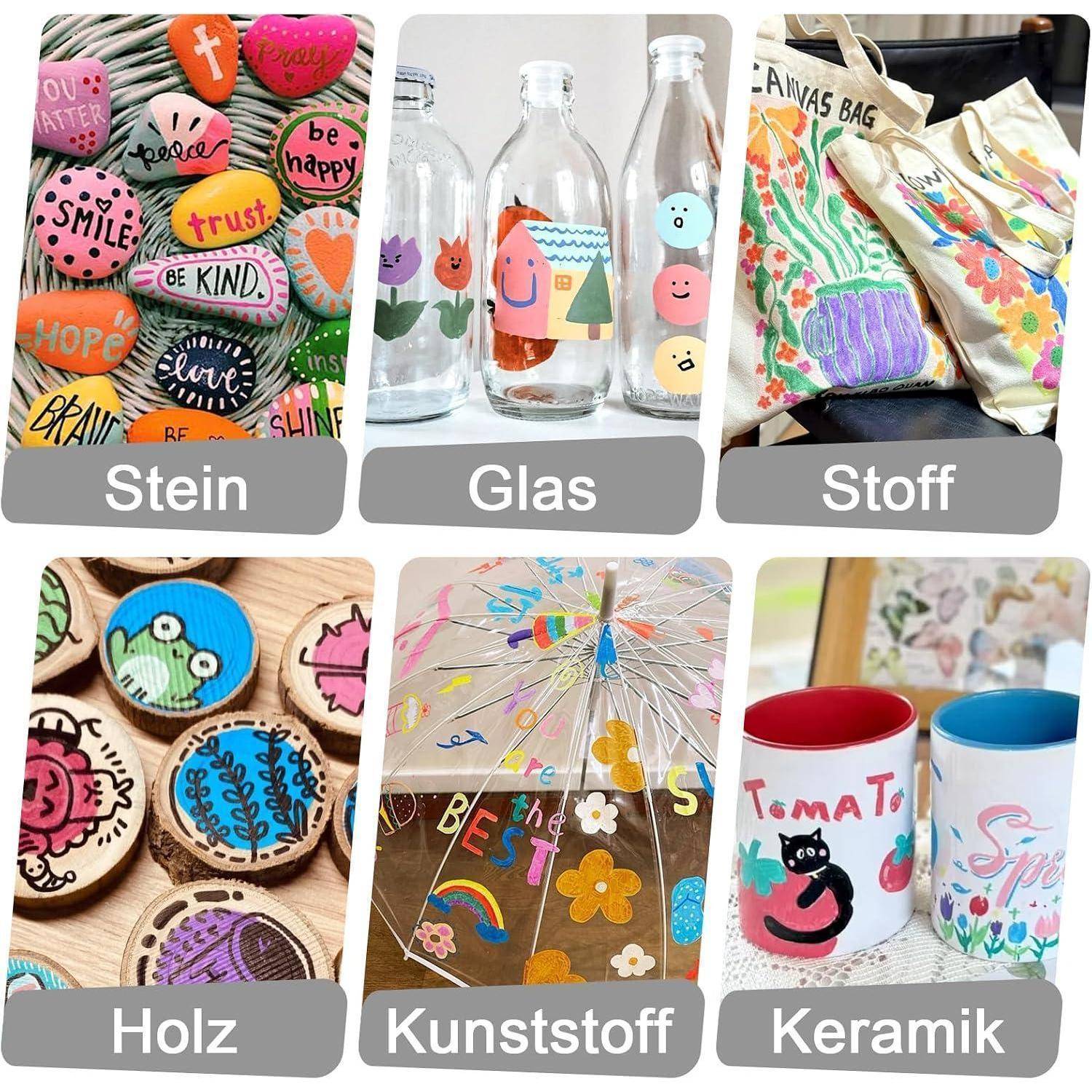 Sechs gekennzeichnete Materialkategorien, dargestellt in einer 2x3-Collage: Stein, Glas, Stoff, Holz, Kunststoff und Keramik, jeweils mit dekorierten Beispielgegenständen.