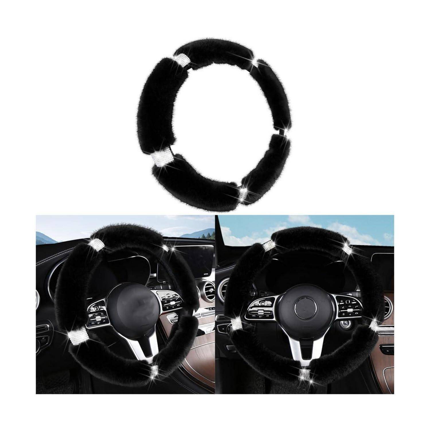 Schwarze flauschige Lenkradabdeckung, allein gezeigt und in zwei Winkeln in einem Autoinnenraum installiert.