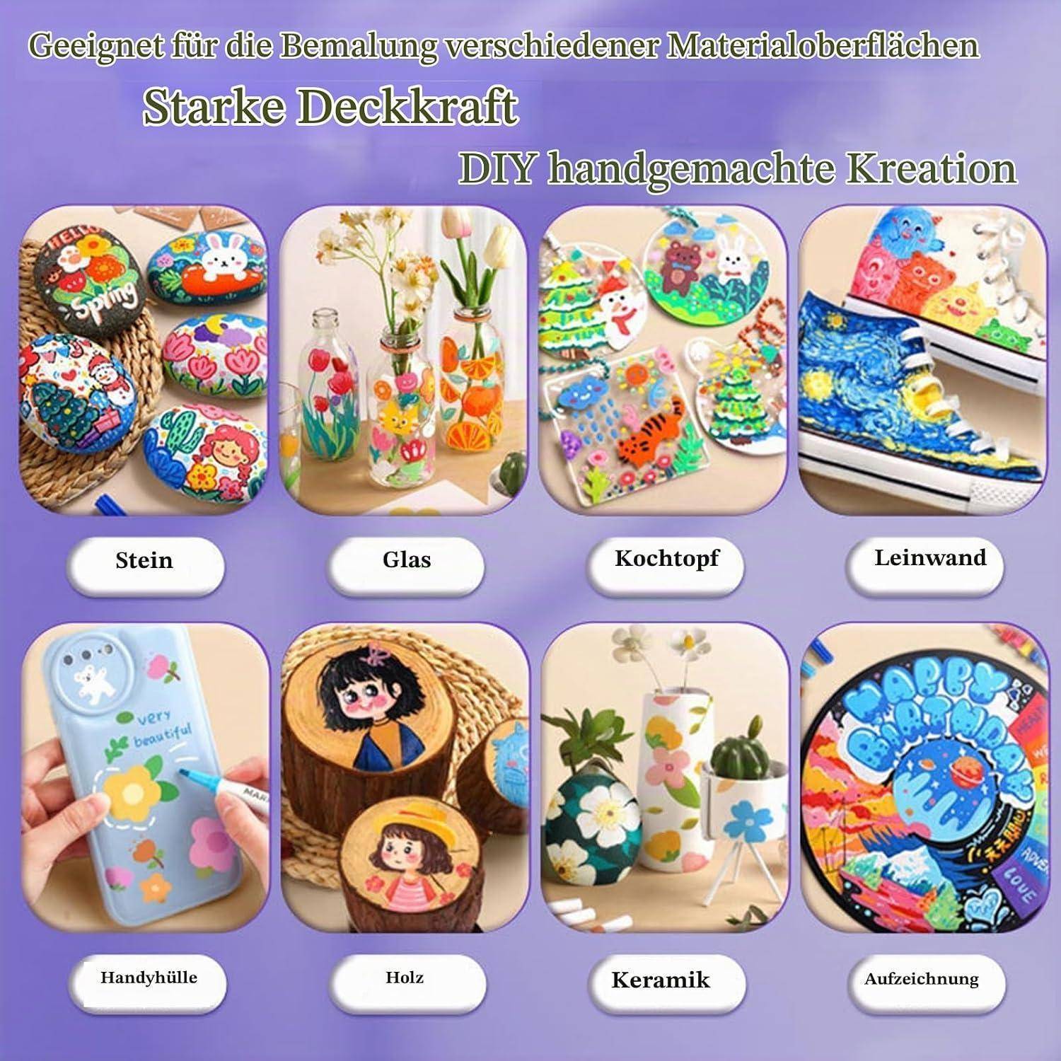 Deutsches Promo-Collage, das Acrylmalarbeiten auf Stein, Glas, Töpfen, Leinwand, Handyhüllen, Holz und Keramik zeigt, mit Oberflächennamen gekennzeichnet.