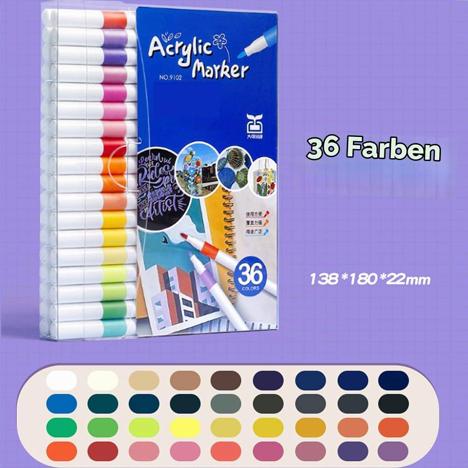 Schachtel mit 36 Acrylmarkern in verschiedenen Farben; Deutscher Text sagt „36 Farben" und Größe „138*180*22mm"".