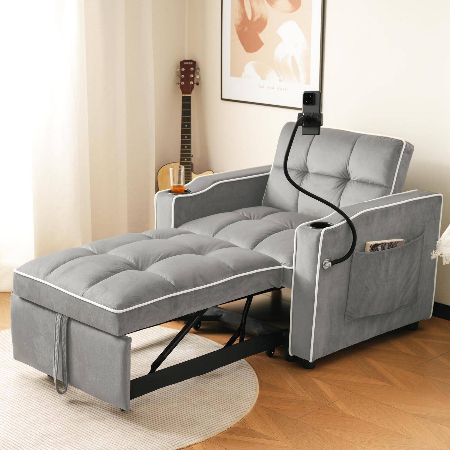 3-in-1 Ausziehbares Einzel-Schlafsofa, mit Getränkehaltern und Handyhalter, Sofa-Liegestuhl, Schlafstuhl, Sessel, Sofa kleine Räume (Antik grau wei