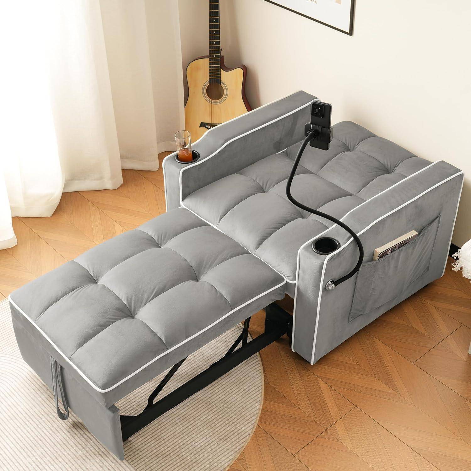 3-in-1 Ausziehbares Einzel-Schlafsofa, mit Getränkehaltern und Handyhalter, Sofa-Liegestuhl, Schlafstuhl, Sessel, Sofa kleine Räume (Antik grau wei