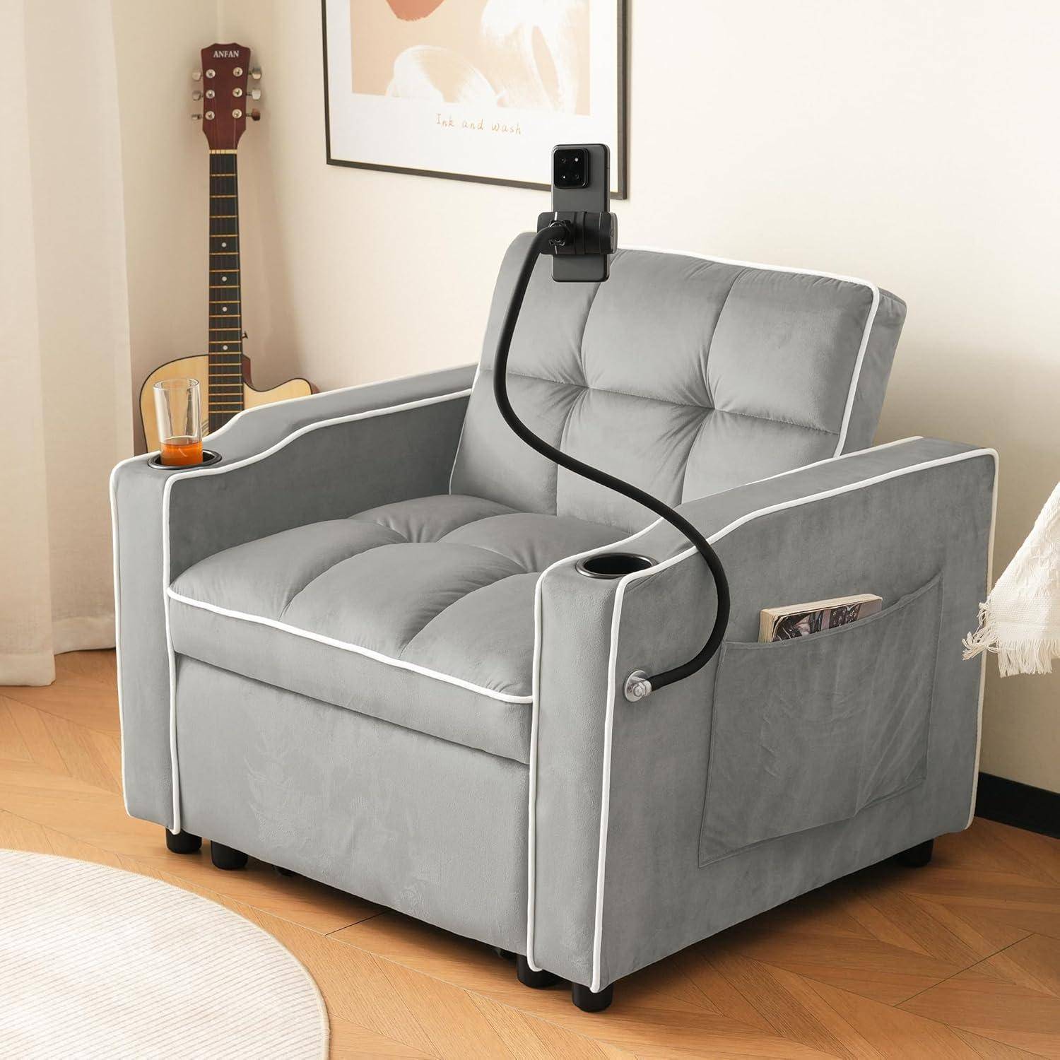 3-in-1 Ausziehbares Einzel-Schlafsofa, mit Getränkehaltern und Handyhalter, Sofa-Liegestuhl, Schlafstuhl, Sessel, Sofa kleine Räume (Antik grau wei