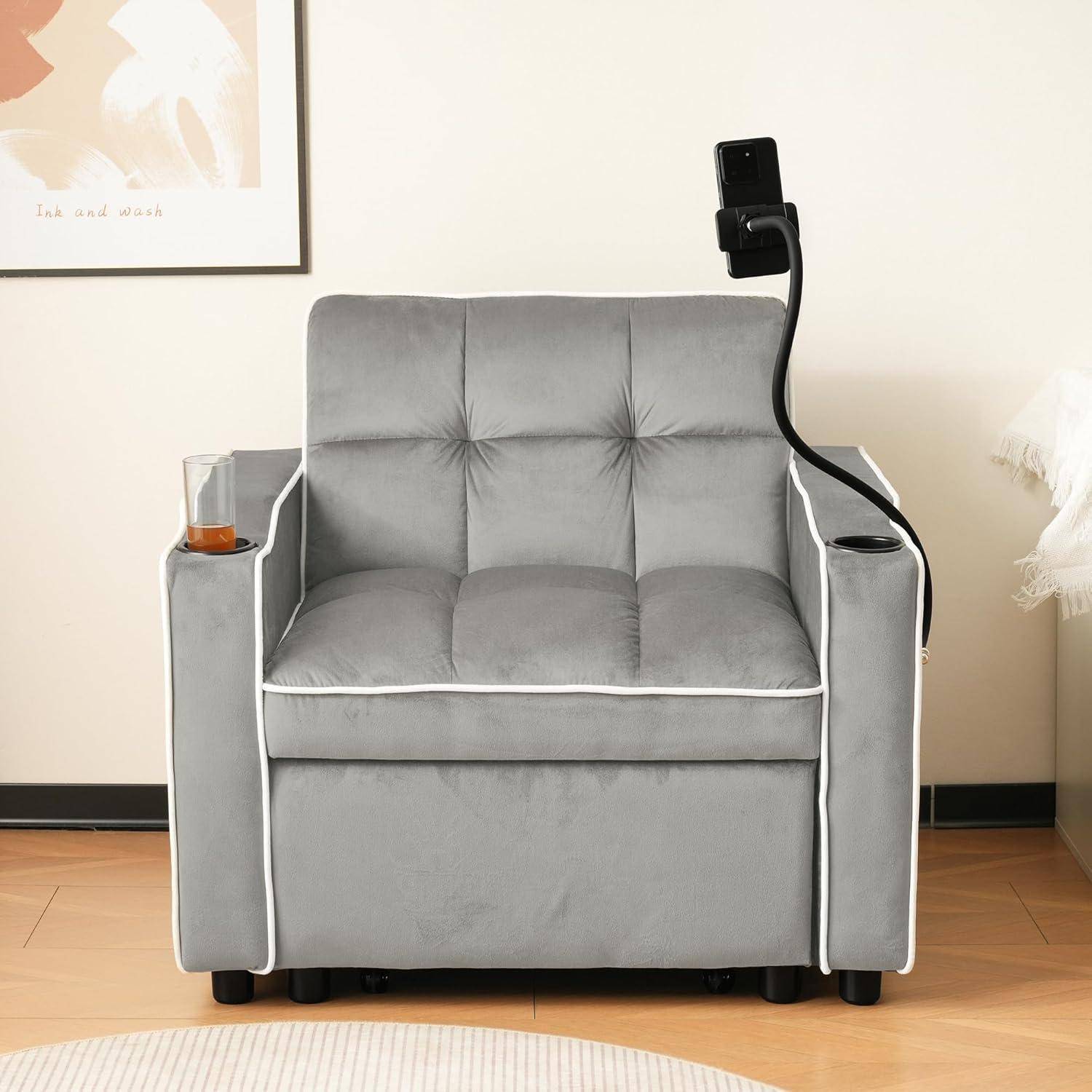 3-in-1 Ausziehbares Einzel-Schlafsofa, mit Getränkehaltern und Handyhalter, Sofa-Liegestuhl, Schlafstuhl, Sessel, Sofa kleine Räume (Antik grau wei