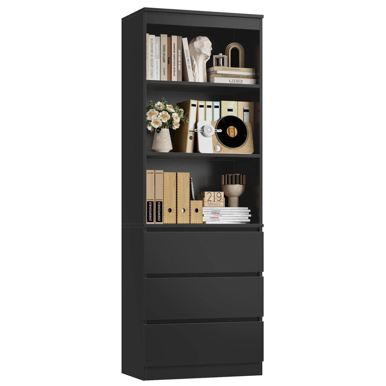 Schwarzer Regale Schrank mit drei offenen Ausstellungsregalen und vier unteren Schubladen, stilisiert mit Büchern, Dekorationselementen, Ordnern, Blumen und Aufbewahrungsartikeln.