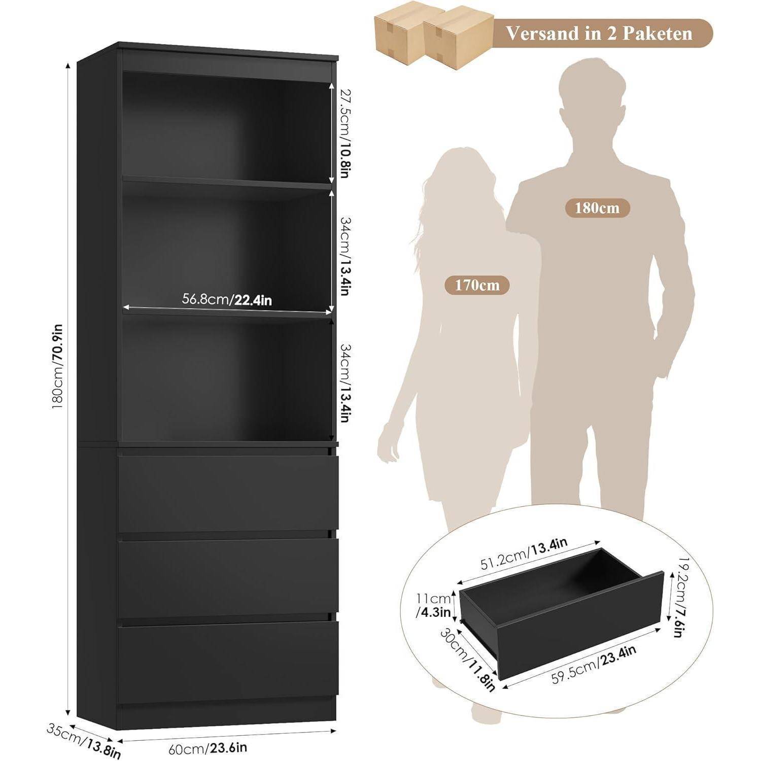 Illustrierter Kleiderschrank mit Abmessungen mit vier Schubladen und Regalen: 180 cm hoch, 60 cm breit, 35 cm tief, plus Einbaumaße und „Versand in 2 Paketen