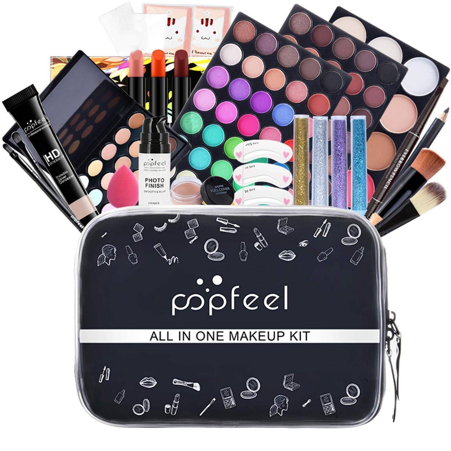 All-in-one-Make-up-Set in einem schwarzen Reißverschlusskoffer mit Lidschattenpaletten, Lippenstiften, Pinseln, Eyeliner und anderen Kosmetikprodukten.