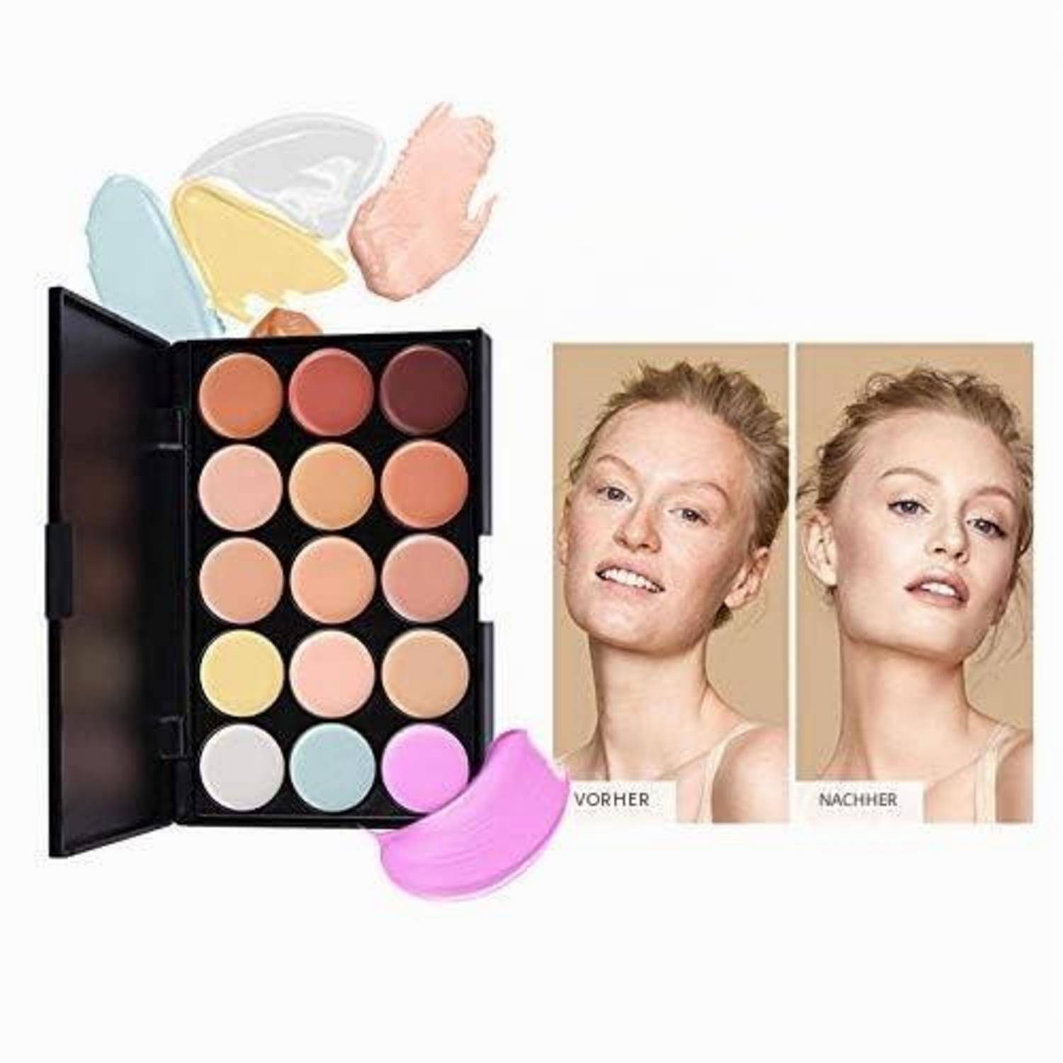 Makeup-Farbkorrektur-Palette mit Vorher-Nachher-Porträts, die verbesserte Hautbeschaffenheit und Abdeckung zeigen.
