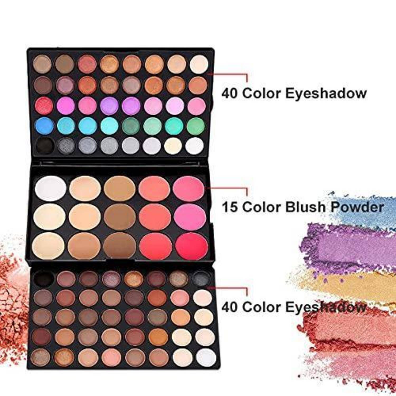Drei Make-up-Paletten mit 40-farbigen Lidschatten- und 15-farbigen Puderrouge-Sets, mit Farbmusterproben und Pulververschmierungen auf weißem Hintergrund.