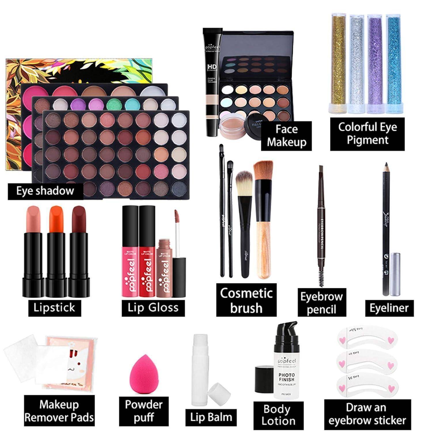 Collage aus verschiedenen Kosmetikprodukten mit Beschriftungen wie Lidschatten, Foundation, farbiger Augenpigment, Lippenstift, Lipgloss, Kosmetikpinsel, Augenbrauenstift, Eyeliner, Make-up-Entfernungstücher, Puderpuff, Lippenbalsam, Körperlotion und aufklebbaren Stickern.