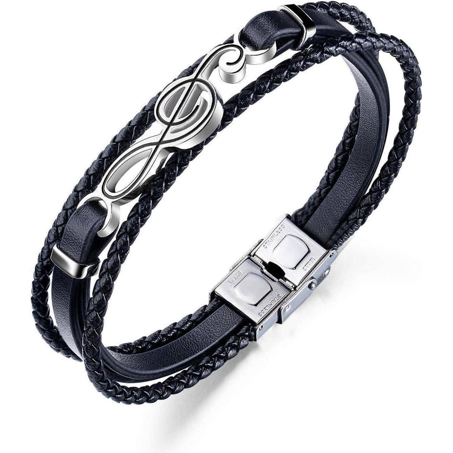 Schwarzes geflochtenes Lederarmband mit silbernem Unendlichkeits-Mittelteil und Verschluss auf weißem Hintergrund.