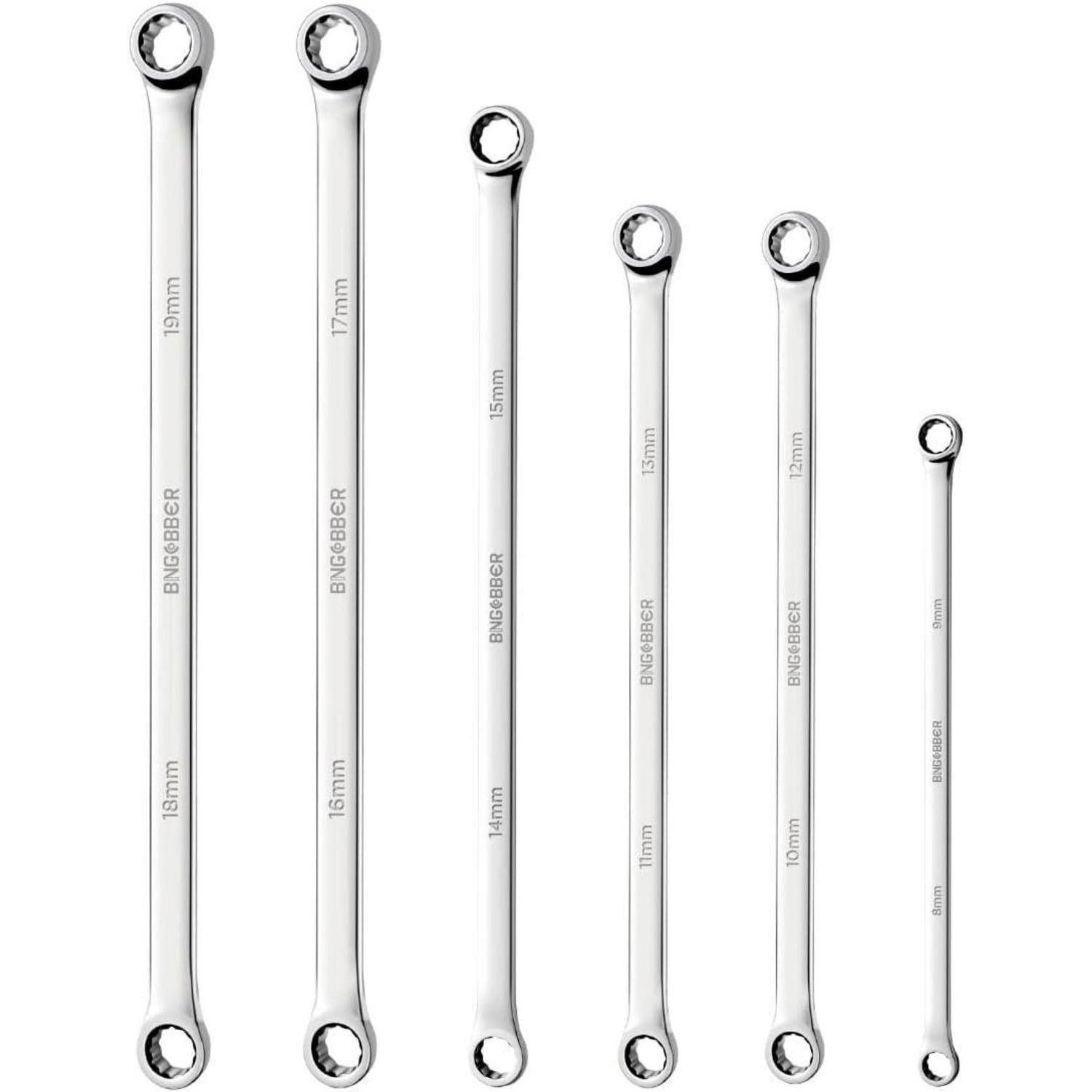 BINGCOBBER Doppel Ringschlüssel Satz,8-tlg Extra langer Schraubenschlüssel, CV-Stahl 8mm-19mm 6PCS 8-19mm