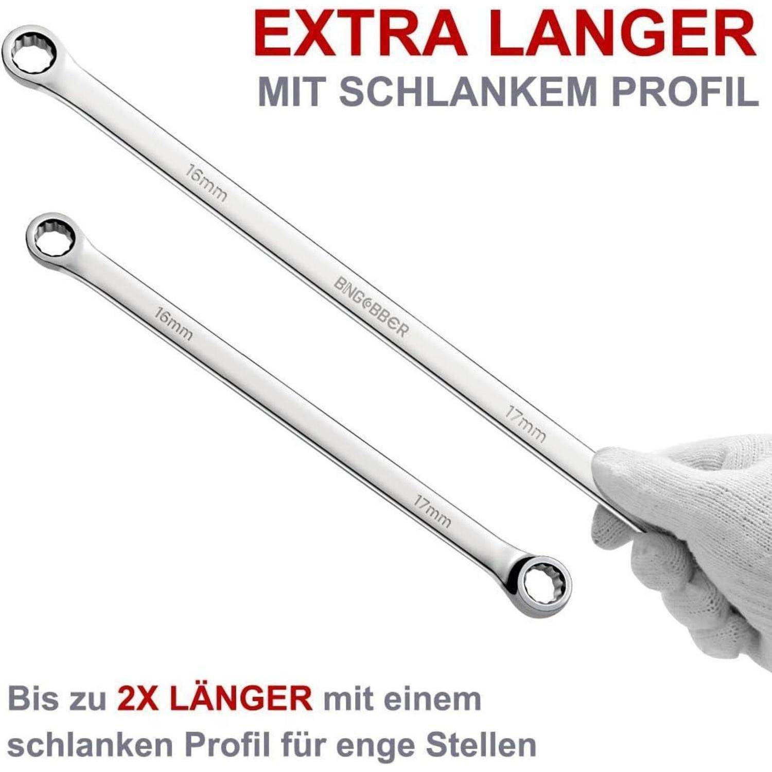 BINGCOBBER Doppel Ringschlüssel Satz,8-tlg Extra langer Schraubenschlüssel, CV-Stahl 8mm-19mm 6PCS 8-19mm