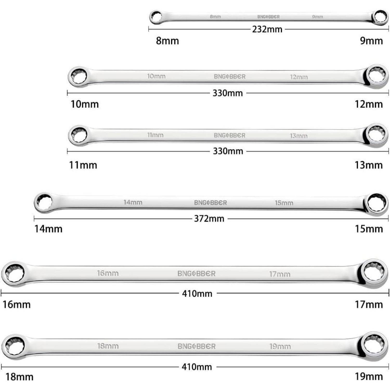 BINGCOBBER Doppel Ringschlüssel Satz,8-tlg Extra langer Schraubenschlüssel, CV-Stahl 8mm-19mm 6PCS 8-19mm
