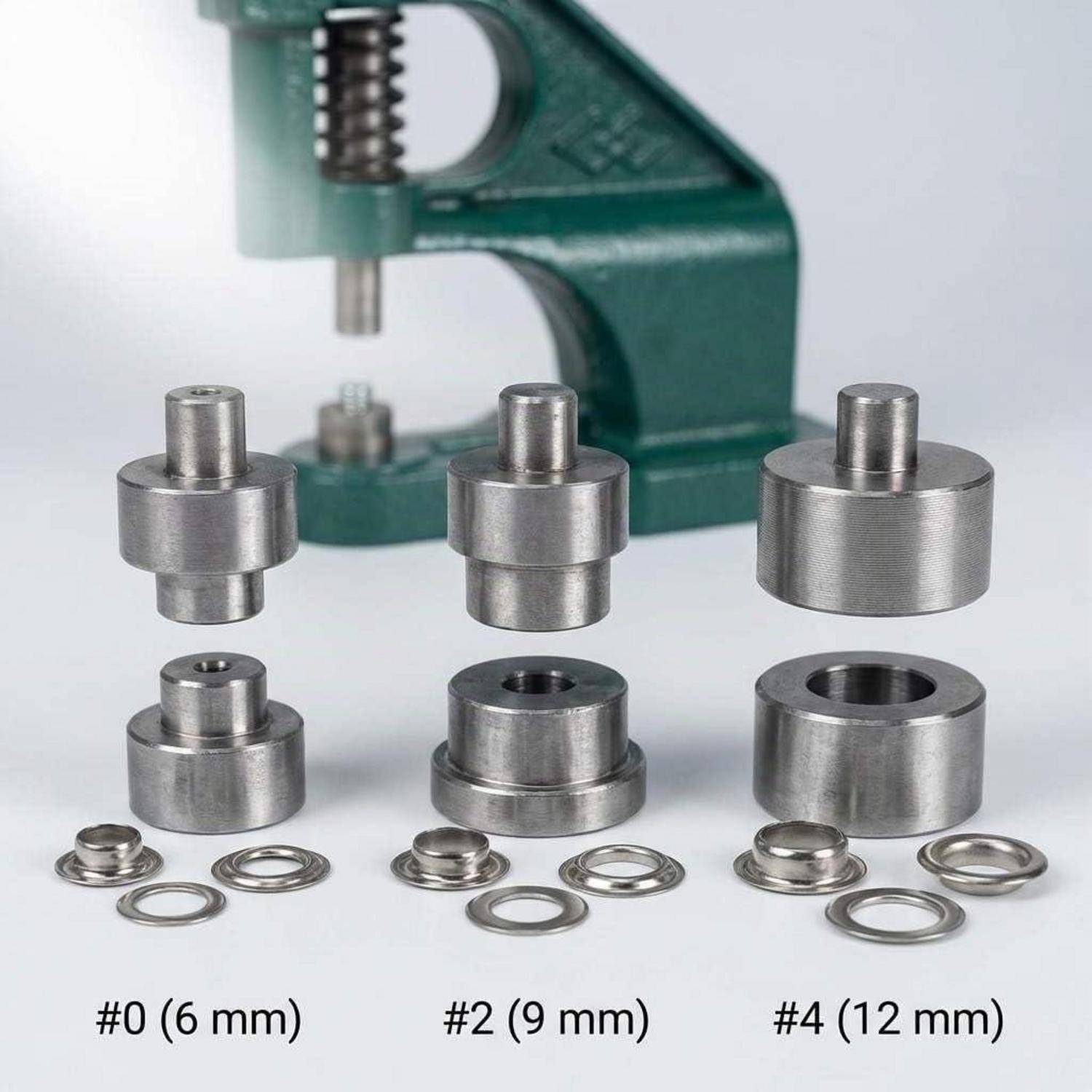Bild eines Druckknopf-Werkzeugs mit drei Metallstempelgrößen mit den Bezeichnungen „#0 (6 mm)