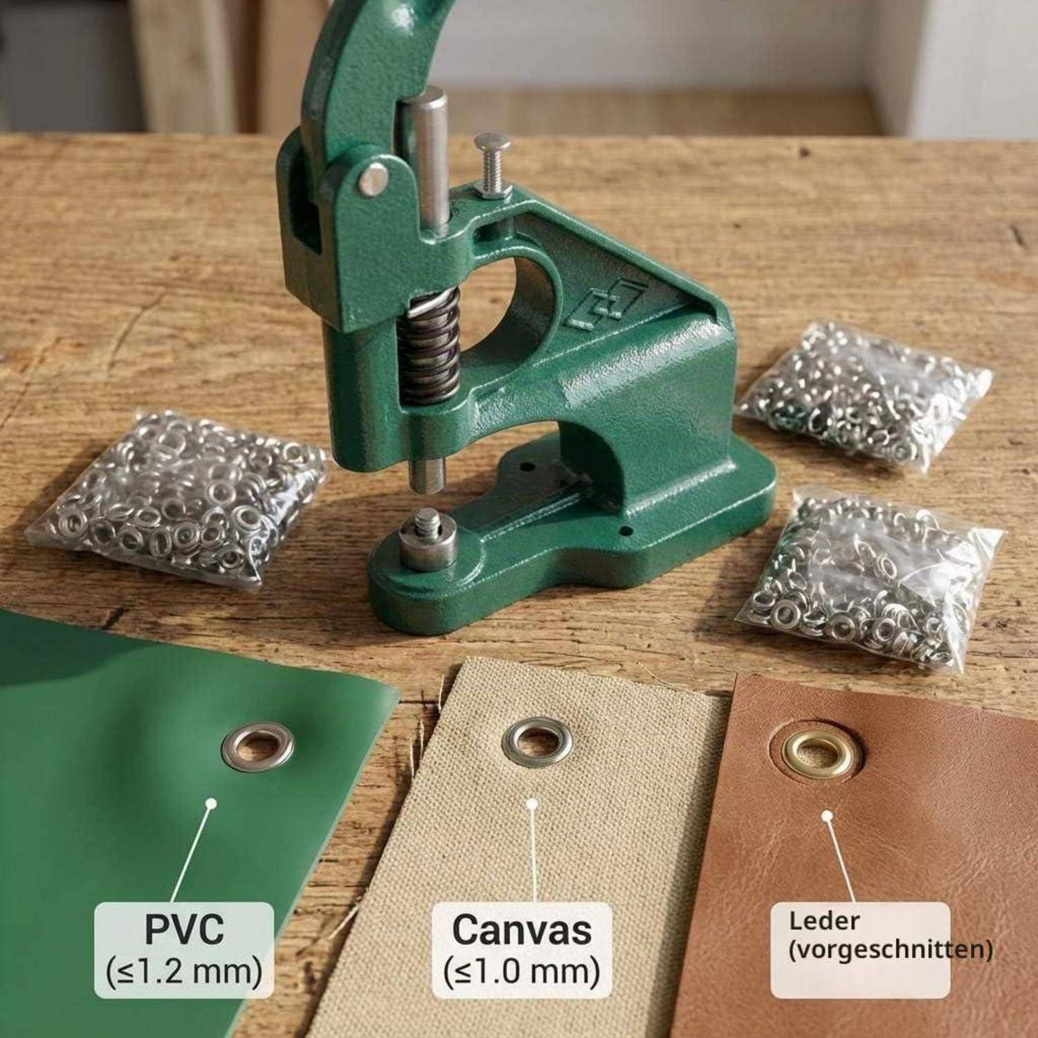 Handpresse-Ösenverkzeug auf einem Holztisch, mit Beuteln von Metallösen und Mustermaterialien mit den Etiketten PVC, Leinwand und Leder.