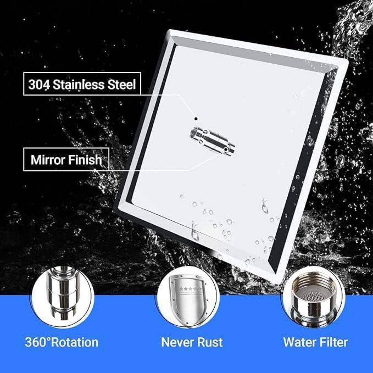Quadratische Edelstahlabdeckung 304 mit Spiegelfinish und 360°-Drehung, rostet nie, mit Wasserfilterfunktion dargestellt.