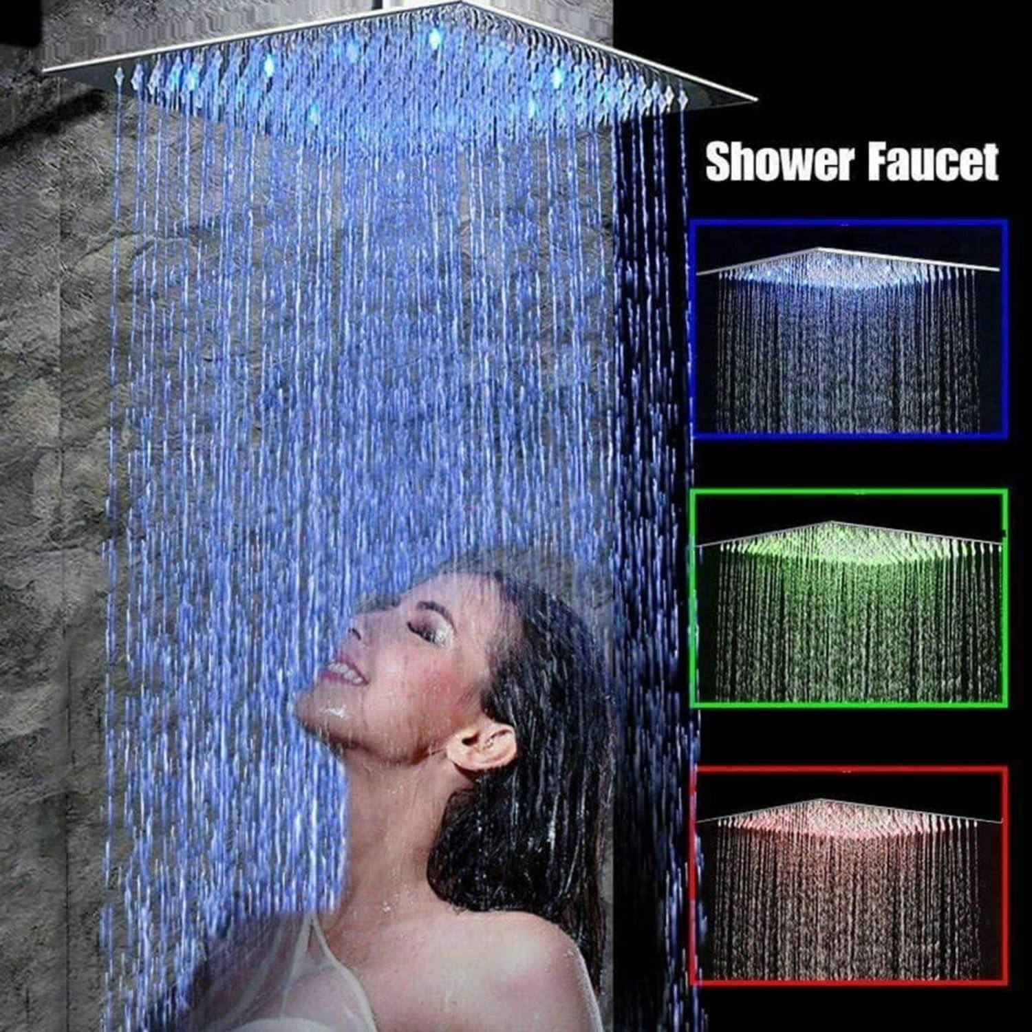 Quadratischer Regenfallbrausekopf sprüht Wasser auf eine darunter stehende Frau, mit drei kleineren farbgerahmten Produktansichten mit der Bezeichnung 