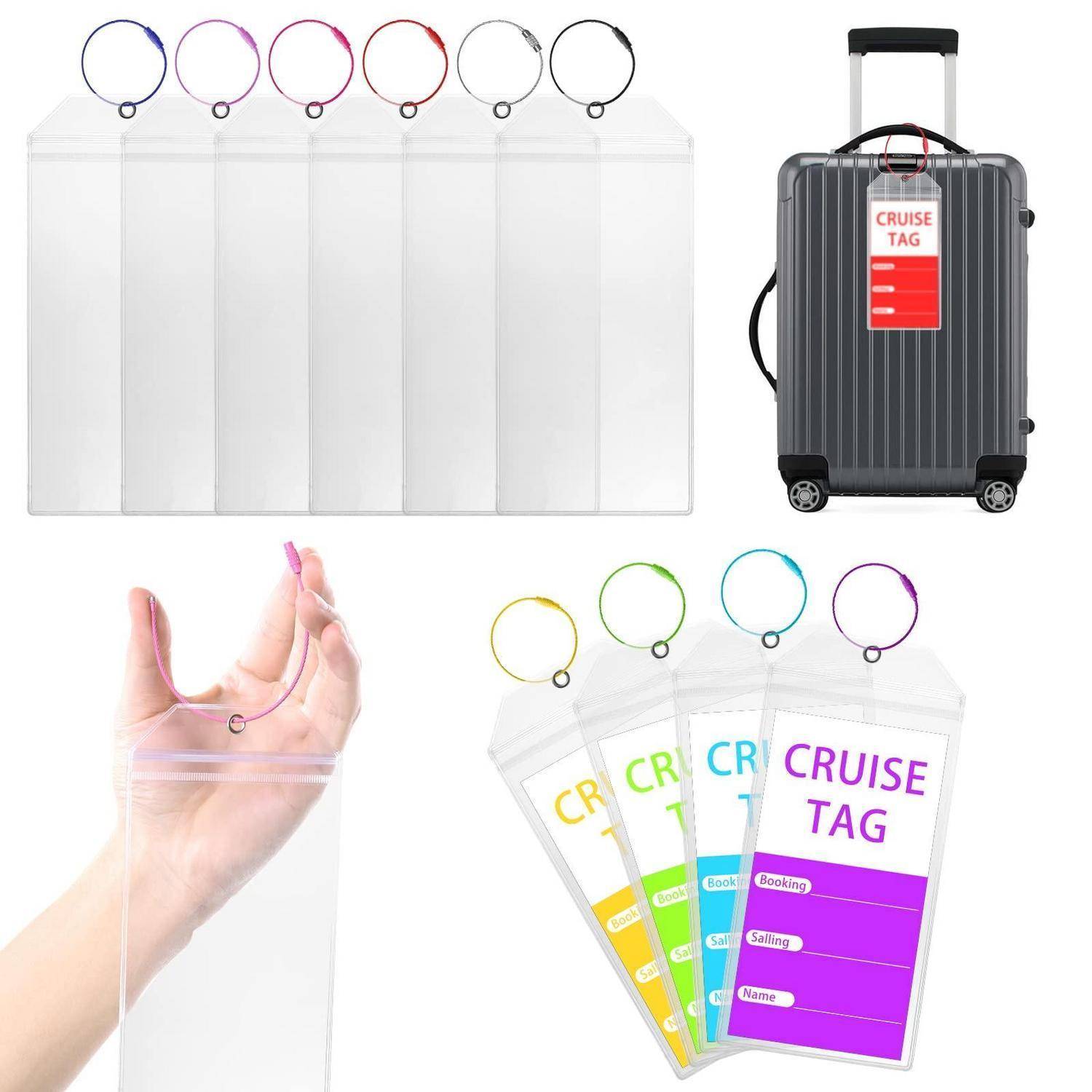 Cruise Tag Kofferanhänger-Set: durchsichtiger Halter mit farbigen Ringen und Kofferanbringung, installiert auf einem Koffer und in der Hand gehalten.
