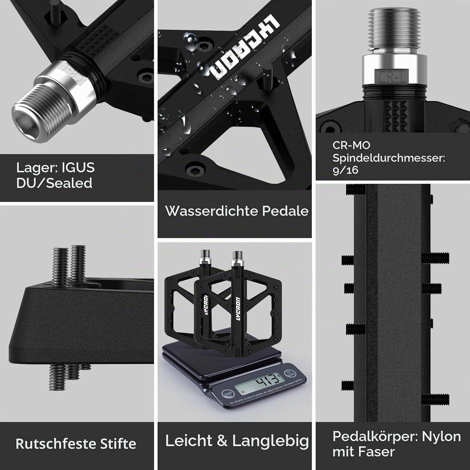 Collage eines schwarzen Fahrradpedals mit hervorgehobenen Merkmalen: wasserdicht, leicht und langlebig, rutschfeste Stifte, Nylongehäuse, IGUS DU/Sealed bearing, Cr-Mo-Achse 9/16.