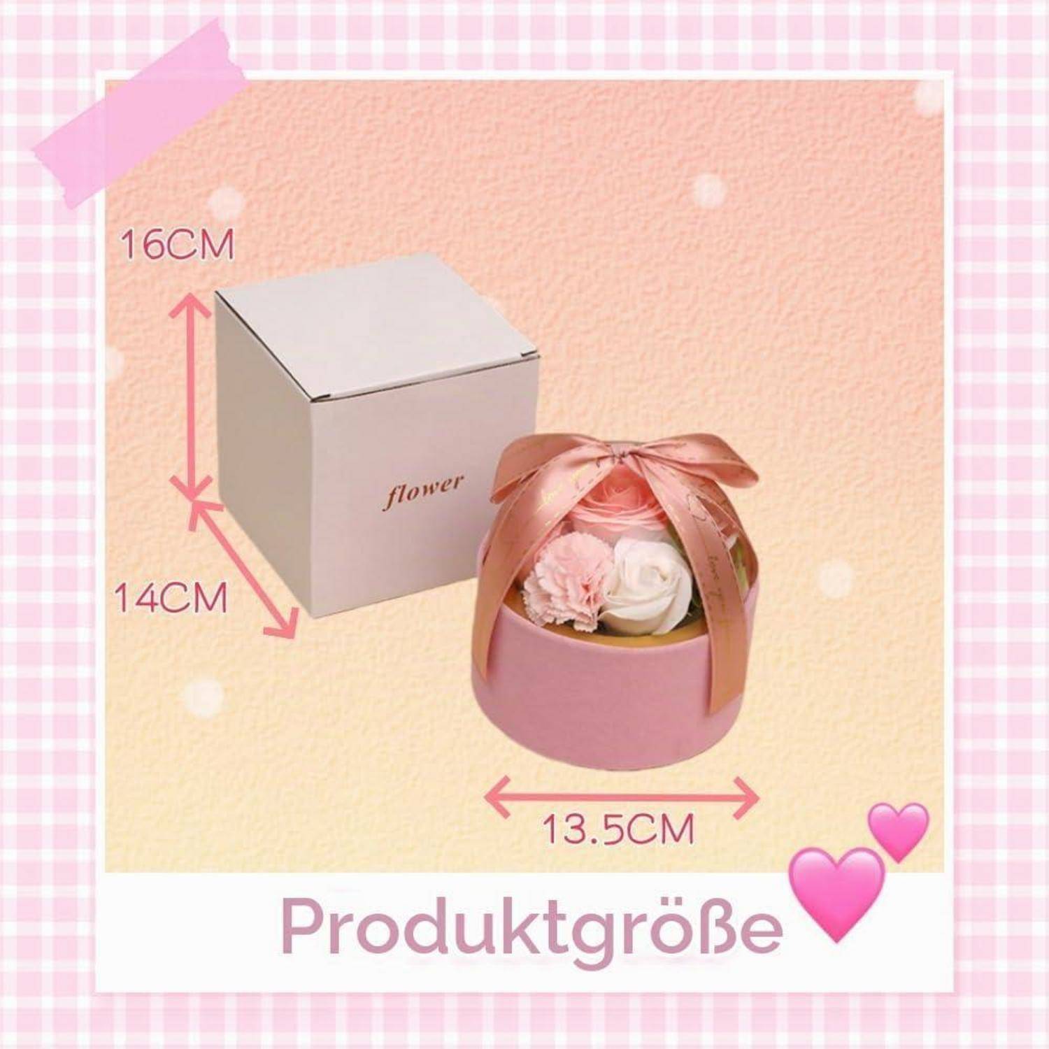 Produktgrößengrafik mit einer weißen Blumenbox und einer rosa runden Geschenkbox mit Schleife; Abmessungen mit 16 CM, 14 CM und 13,5 CM gekennzeichnet.