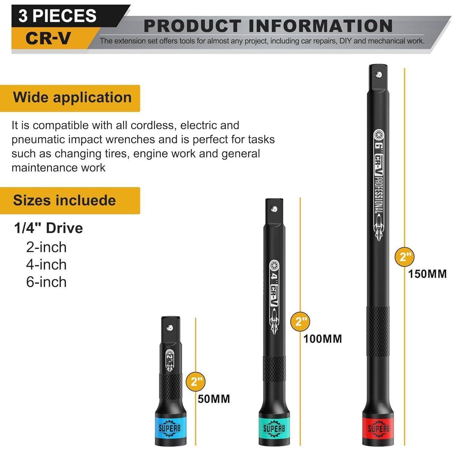 Infografik für ein 3-teiliges CR-V 1/4-Zoll-Antriebsverlängerungsset mit Längen von 2, 4 und 6 Zoll (50, 100, 150 mm) und breiter Kompatibilität mit Schlagschraubern.