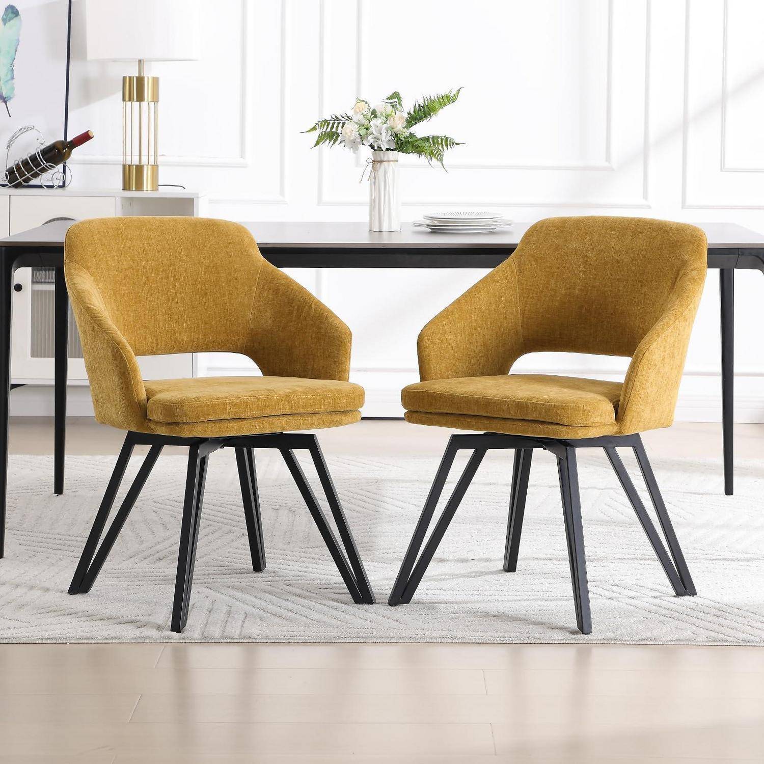 chairus 2er Set Esszimmerstühle Akzentstühle für Esszimmer Küchenstühle aus Chenille Polsterstühle mit Rückenlehne für Wohnzimmer Küche (Gelb