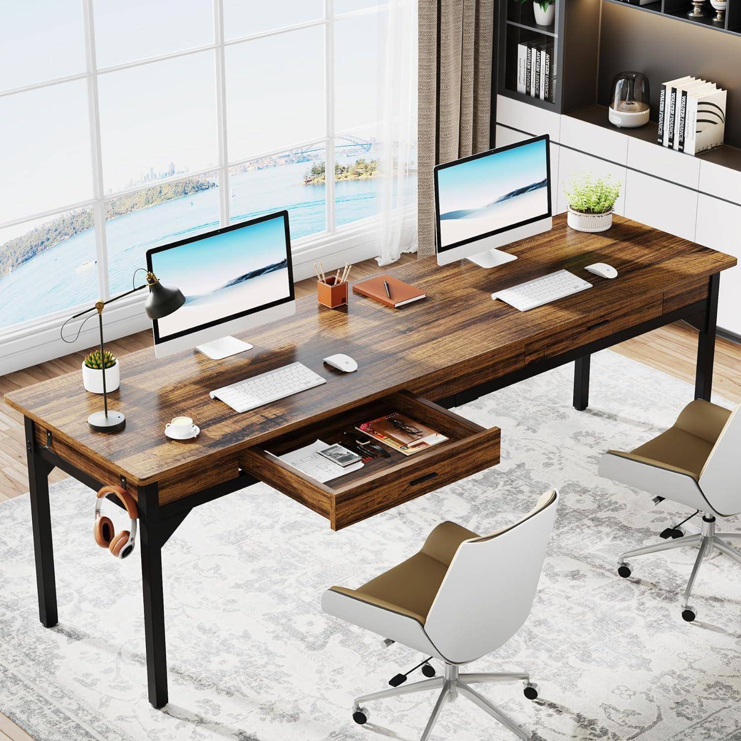 Tribesigns Schreibtisch Computertisch 200 x 60 x 82 cm, Doppelter Langer Schreibtisch mit 2 Schubladen, PC Tisch Bürotisch Arbeitstisch Esstisch Bür